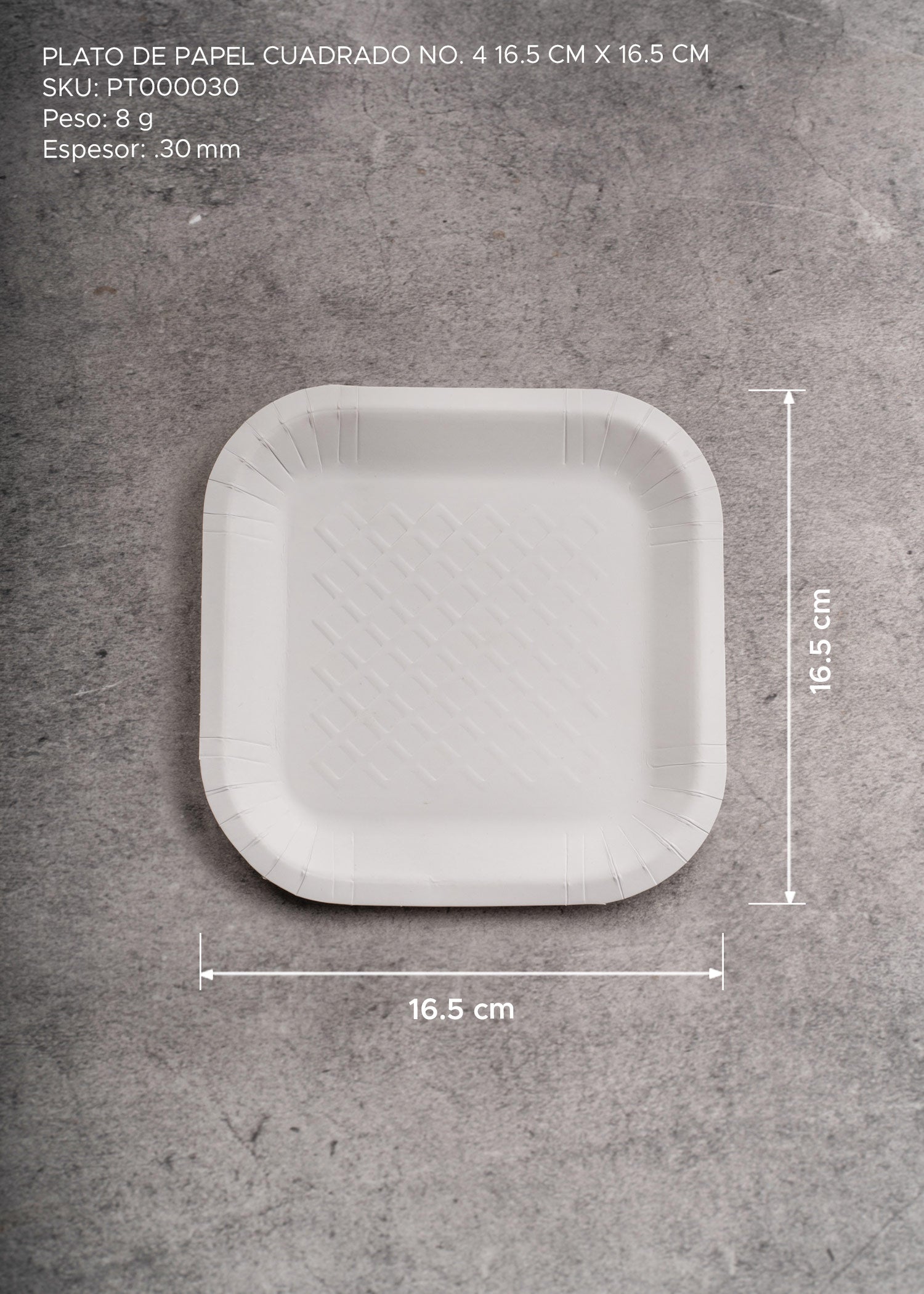 Plato cuadrado desechable resistente blanco de papel (No. 4) para eventos y comida. Alto 1.5 cm, largo 16.7 cm, ancho 17 cm