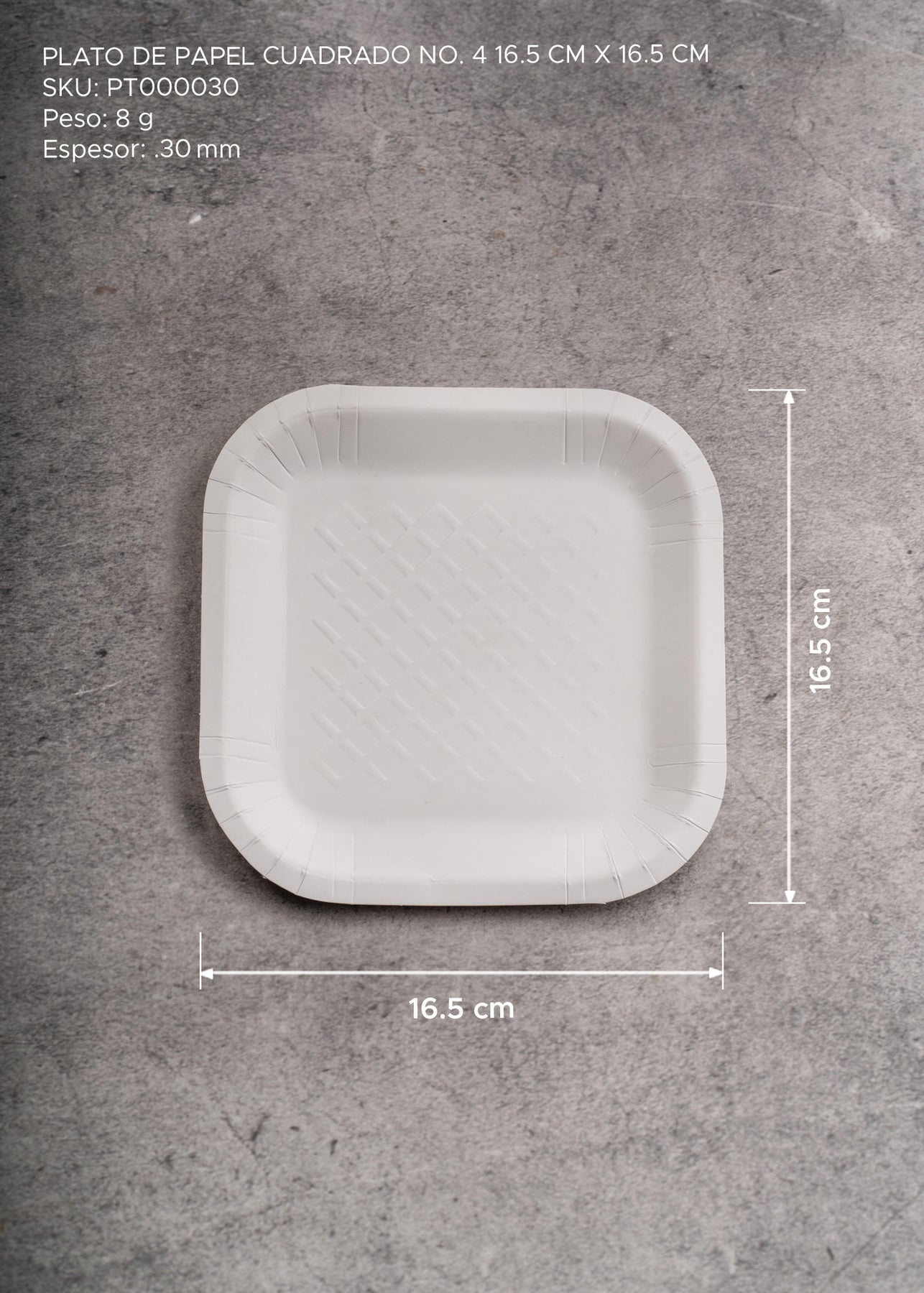 Plato cuadrado desechable resistente blanco de papel (No. 4) para eventos y comida. Alto 1.5 cm, largo 16.7 cm, ancho 17 cm