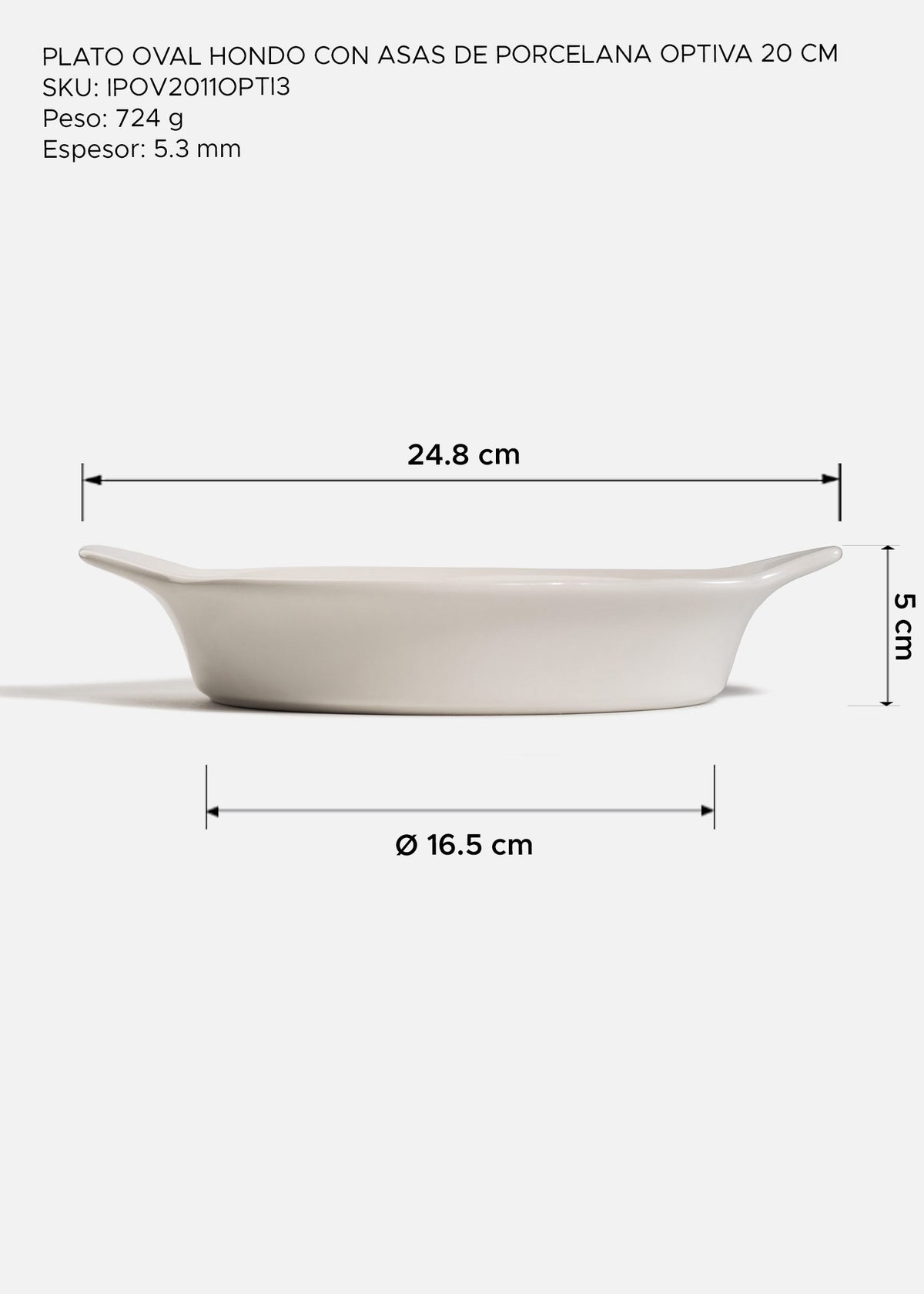 Plato oval hondo con asas de porcelana Optiva de 20 cm — fotografía de producto, vista 2
