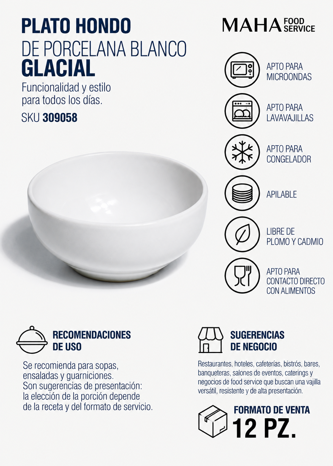 Plato hondo de porcelana blanco Glacial 500 ml