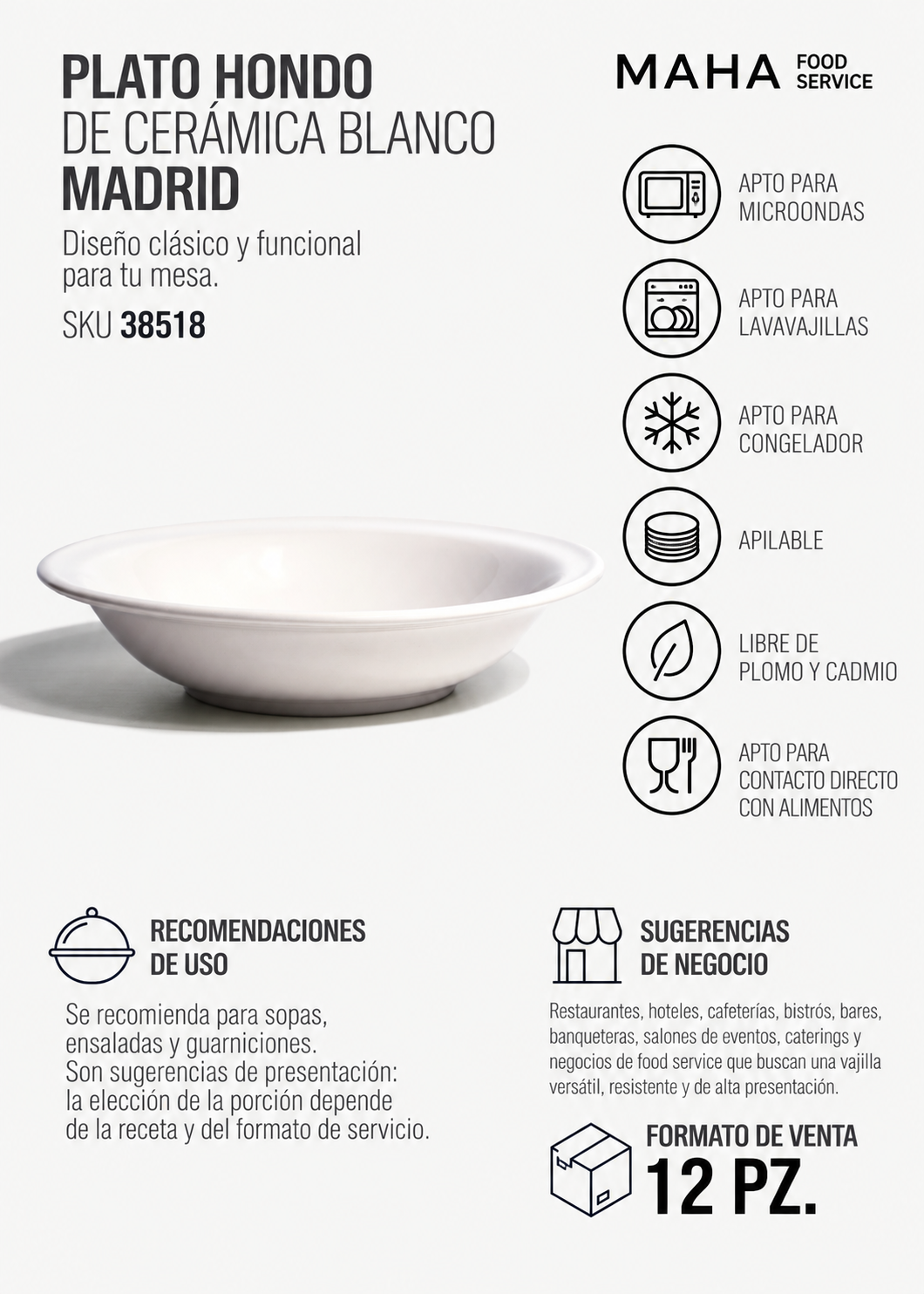 Plato hondo de cerámica blanco Madrid Ø 21 cm, 650 ml