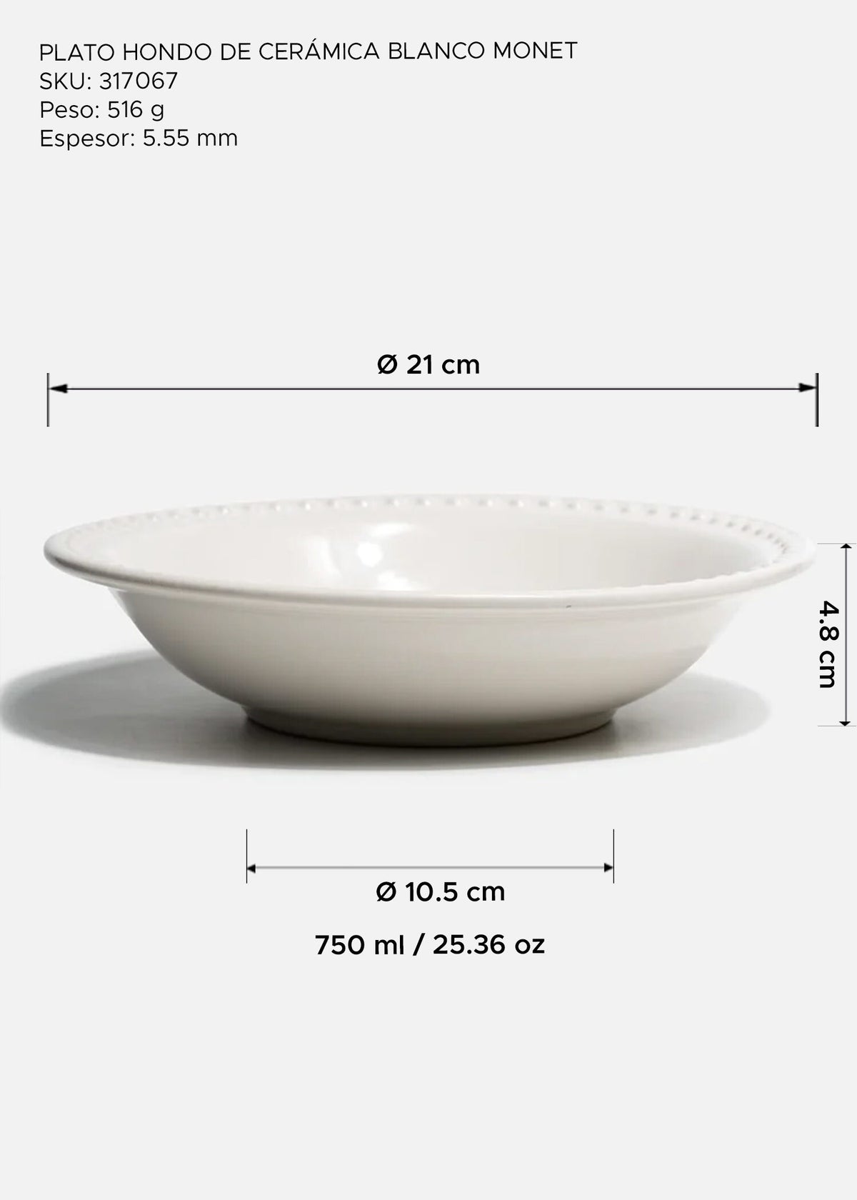 Plato hondo Monet de cerámica blanca con borde decorativo