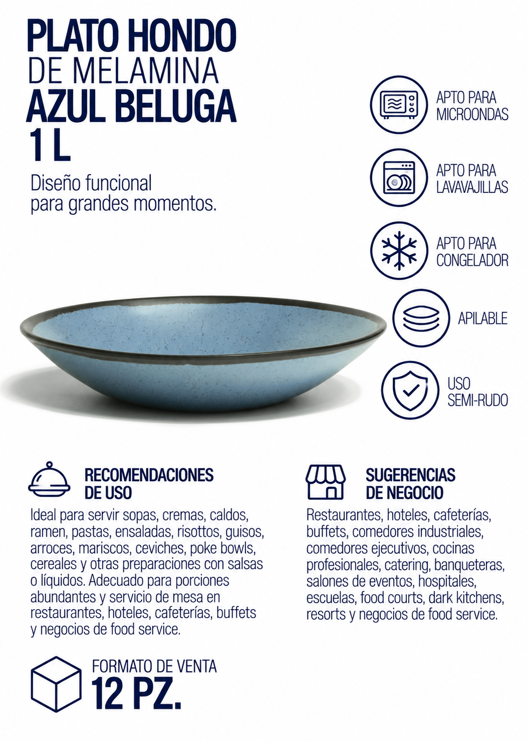 Plato hondo de melamina azul Beluga 1 L Ø 25 cm
