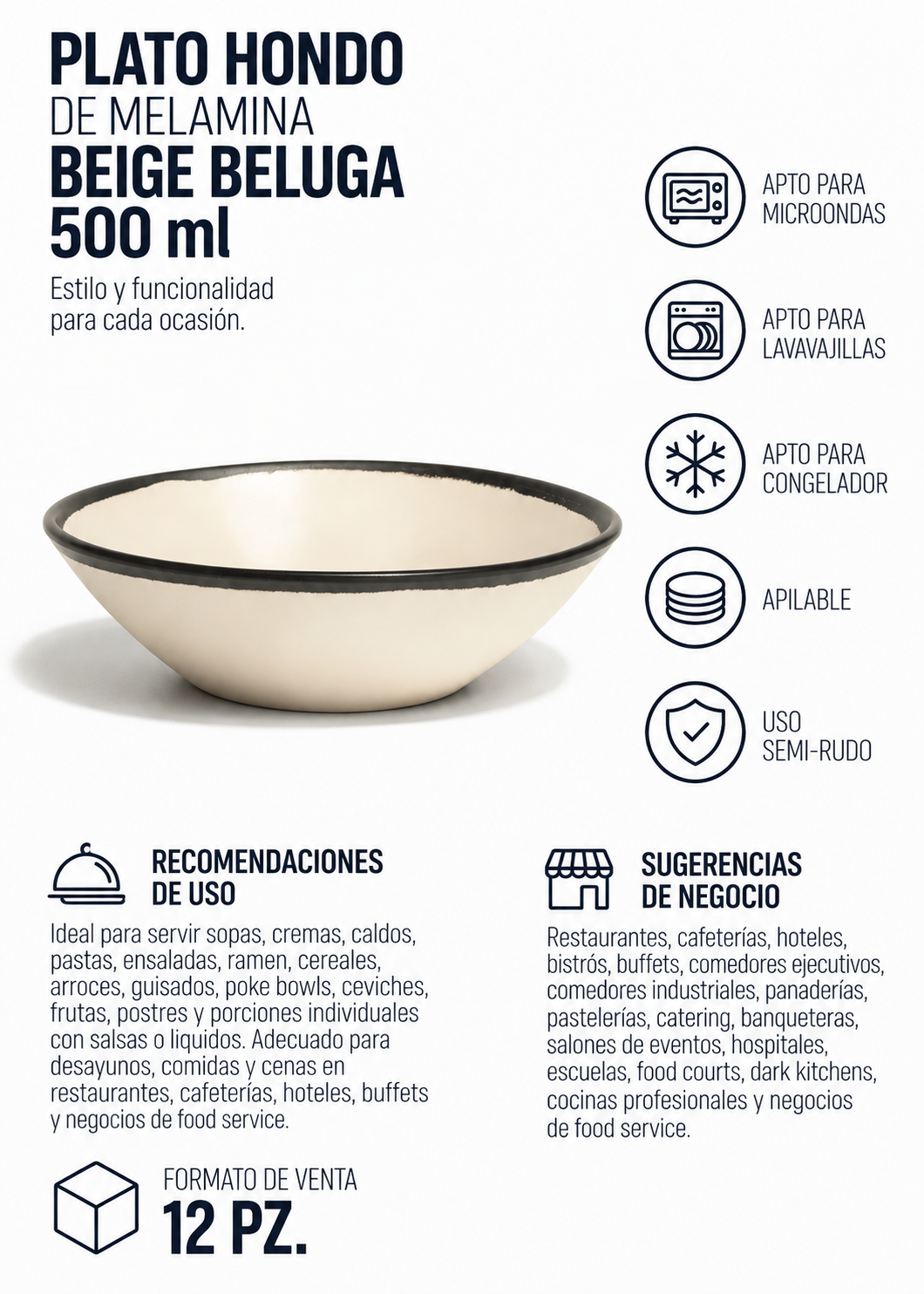 Plato hondo de melamina beige Beluga 500 ml Ø 18 cm