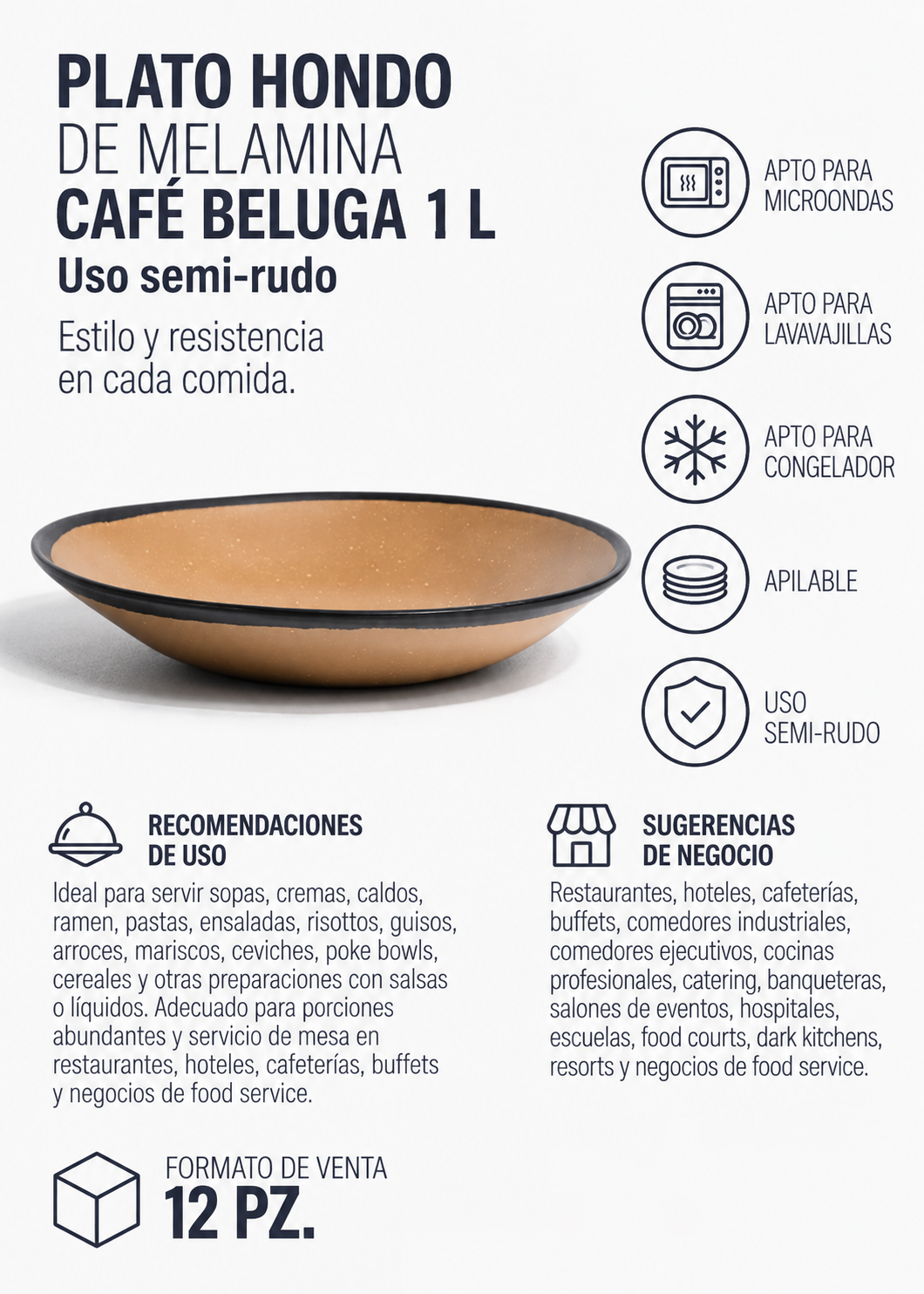 Plato hondo de melamina café Beluga 1 L, Ø 25 cm