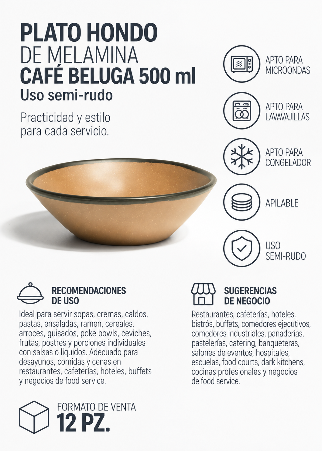 Plato hondo de melamina café Beluga 500 ml, Ø 18 cm