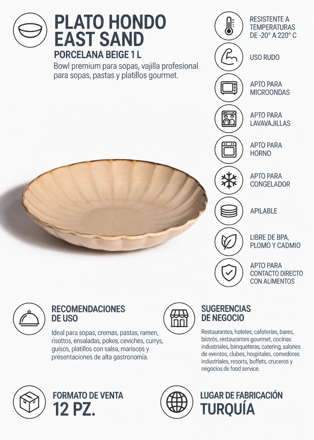 Plato hondo de 1 litro para restaurante