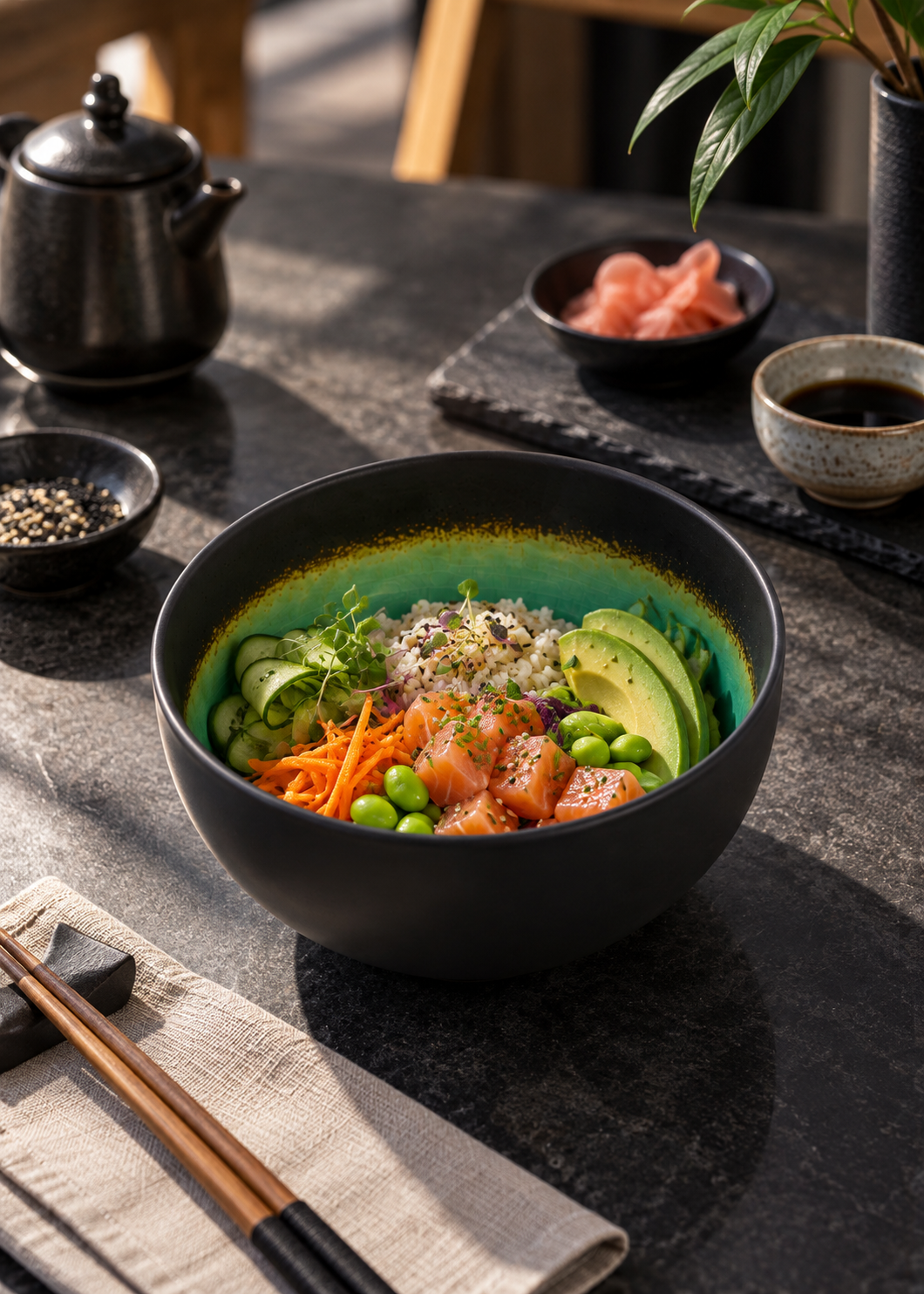 Bowl de porcelana Hakone negro con interior verde