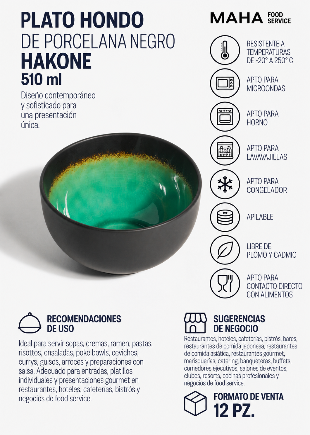 Plato hondo de porcelana negro Hakone 510 ml