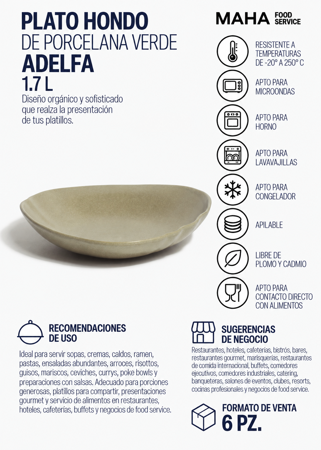 Bowl de porcelana verde Adelfa de 1.7 L