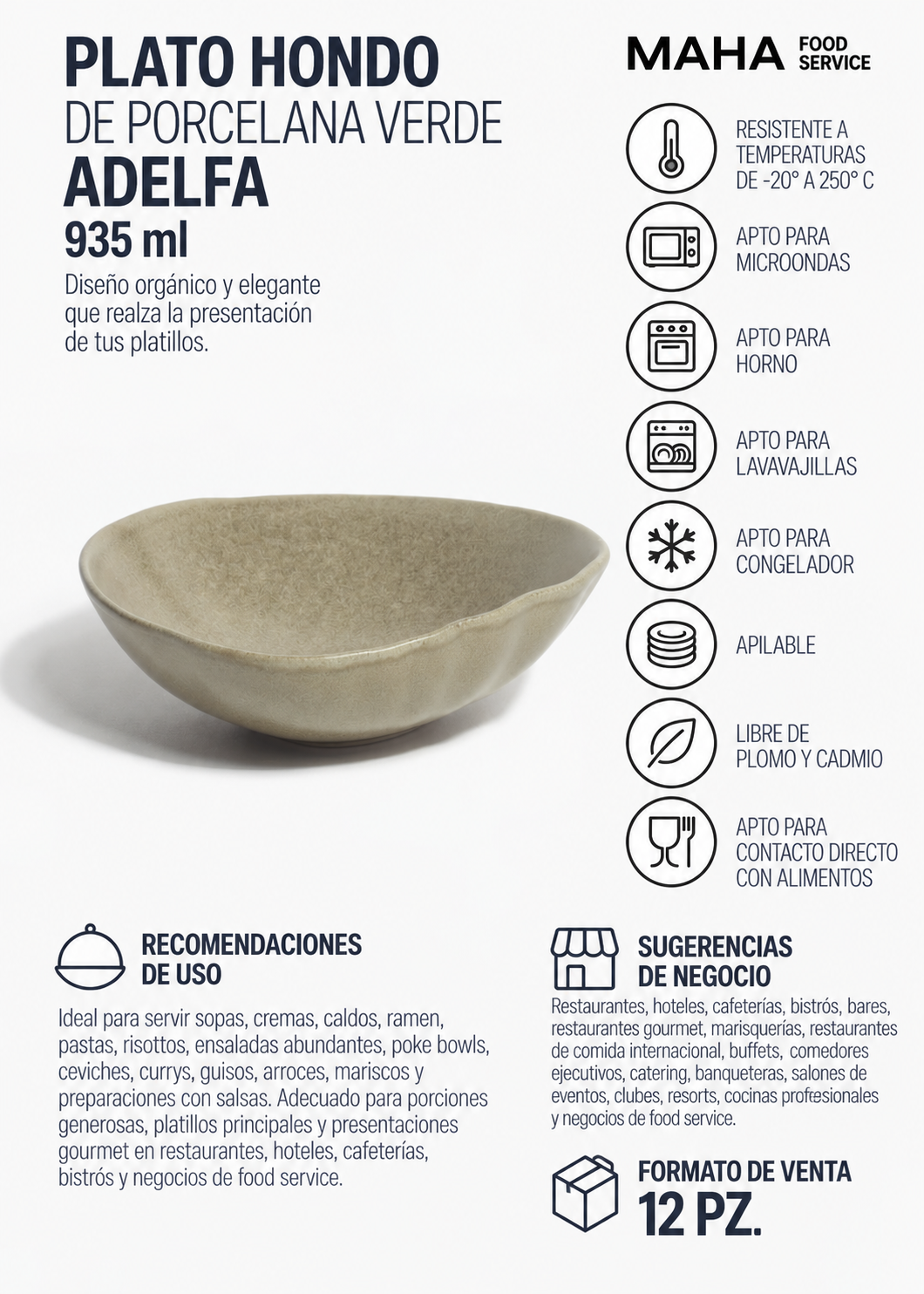 Plato hondo de porcelana verde Adelfa 935 ml