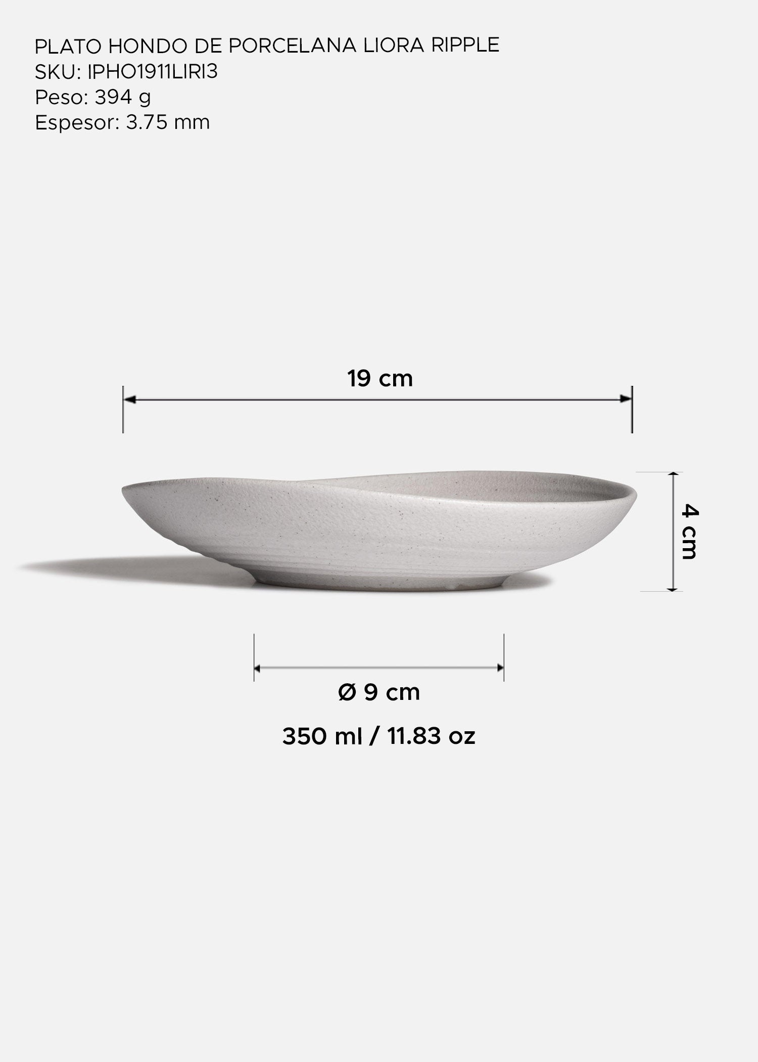 Plato hondo de porcelana marfil Liora Ripple 350 ml