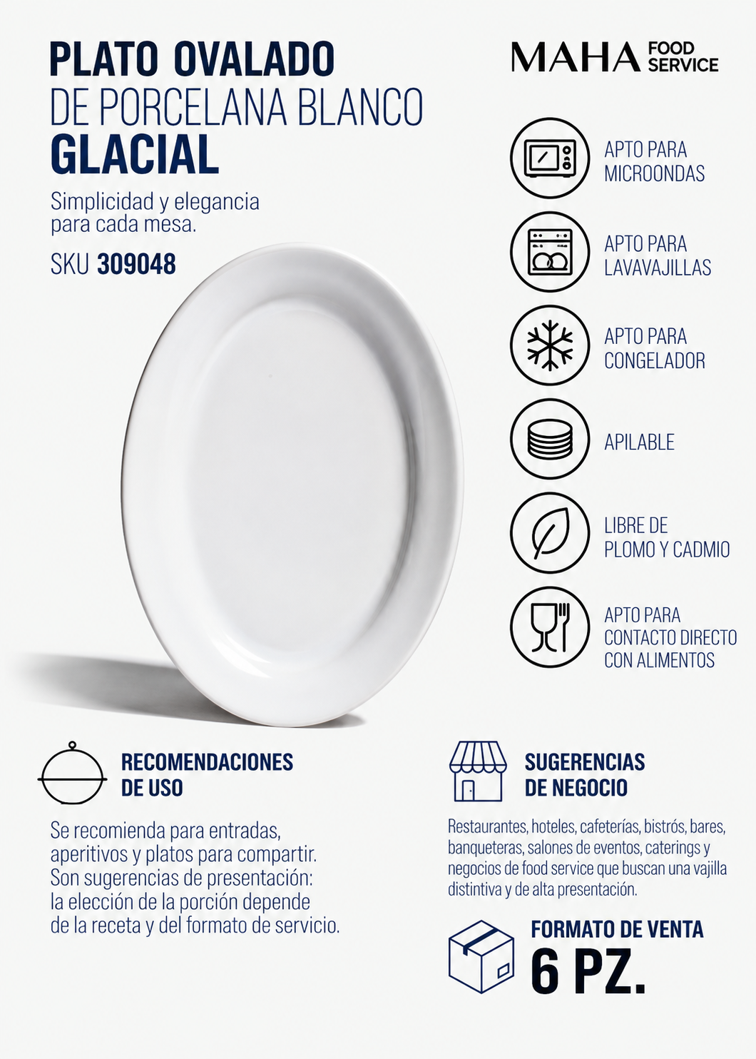 Plato ovalado de porcelana blanco Glacial 27 cm