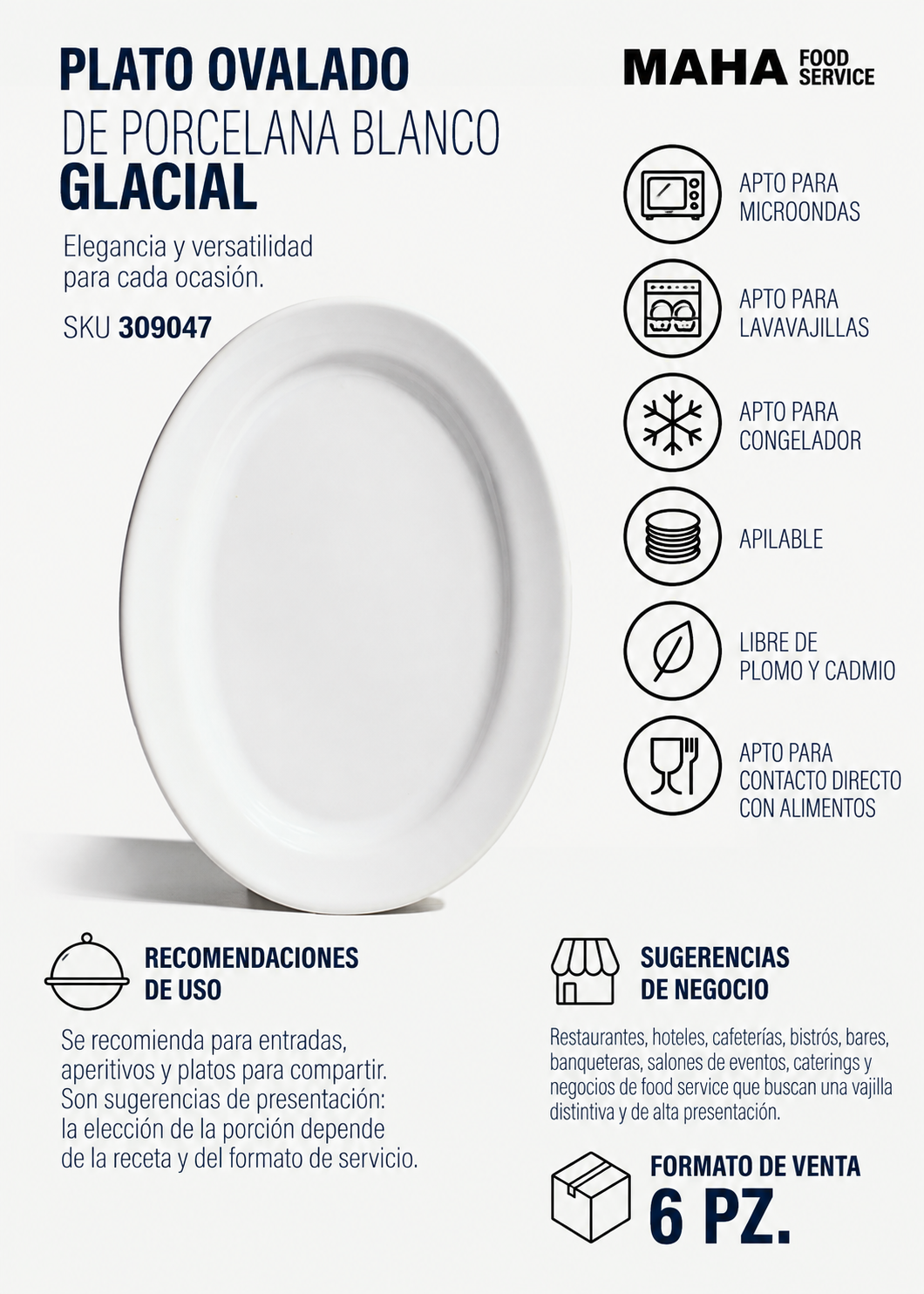 Plato ovalado de porcelana blanco Glacial 33 cm