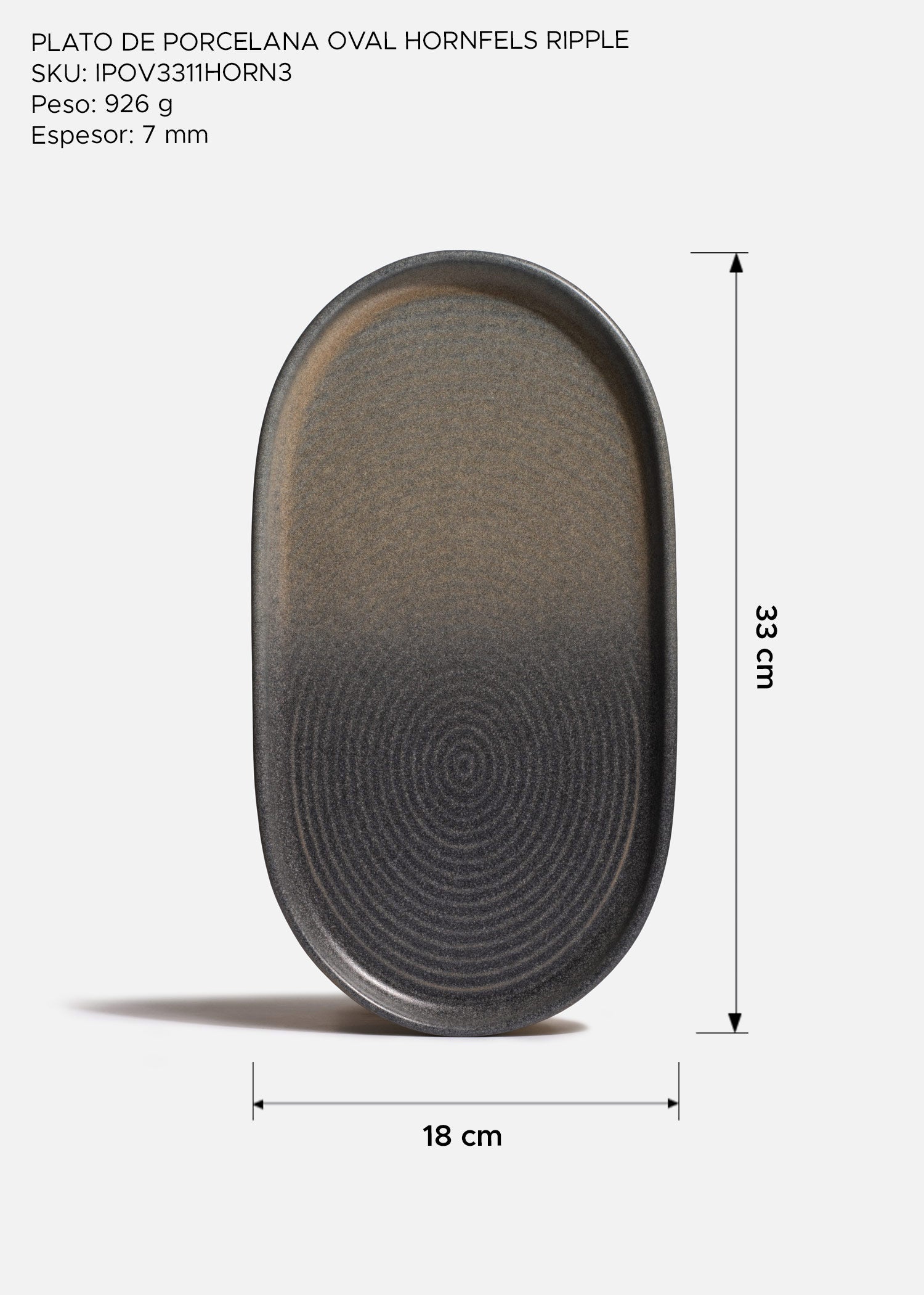 Plato ovalado de porcelana gris Hornfels Ripple 33 x 18 cm