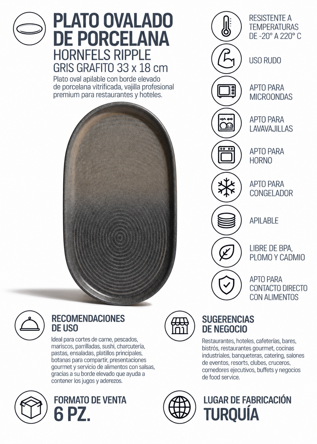 Platón ovalado de porcelana vitrificada Hornfels Ripple