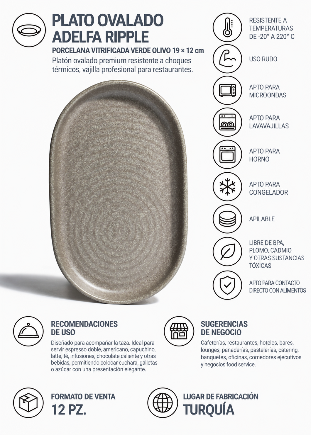 Platón ovalado de porcelana vitrificada Adelfa Ripple