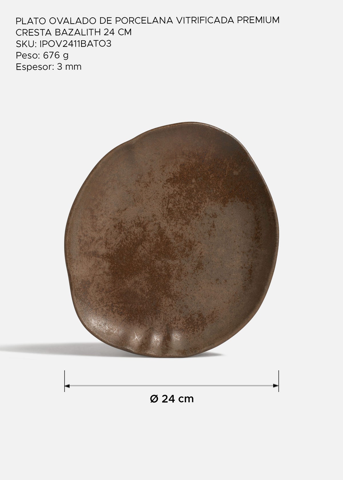 Medidas del plato ovalado Cresta Bazalith: medida 24 cm, peso 676 g y espesor 3 mm.