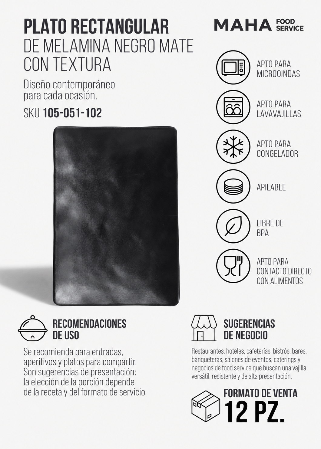 Plato rectangular de melamina negro mate con textura 25x17x2.4 cm