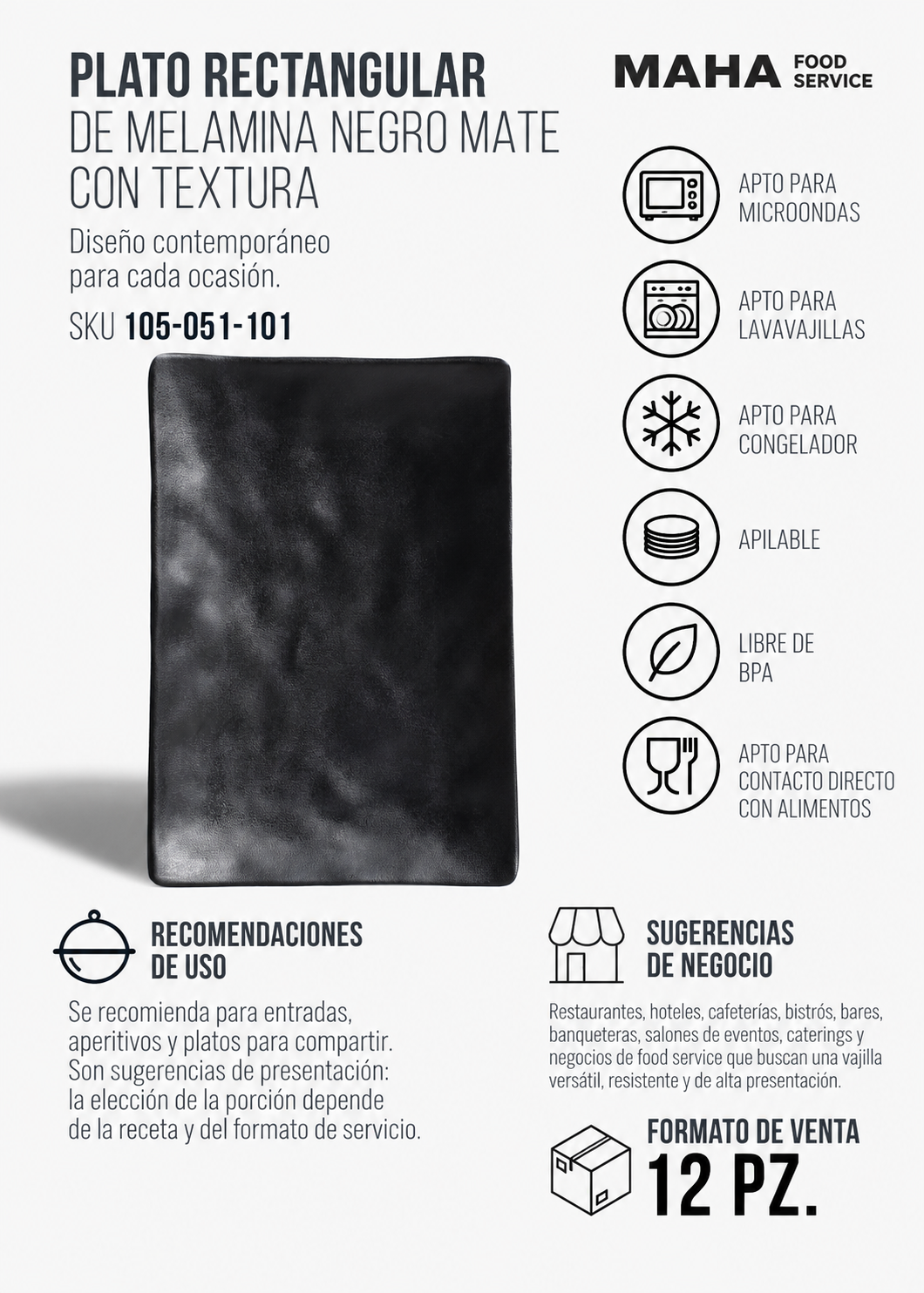 Plato rectangular de melamina negro mate con textura 30x20.5x 2.6 cm