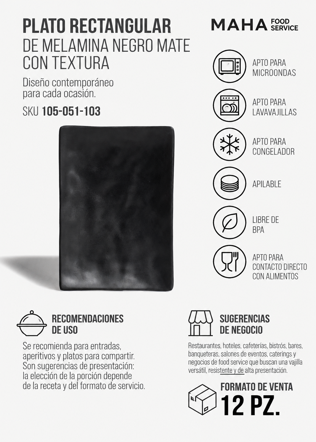 Plato rectangular de melamina negro mate con textura 20x13.7x 2 cm