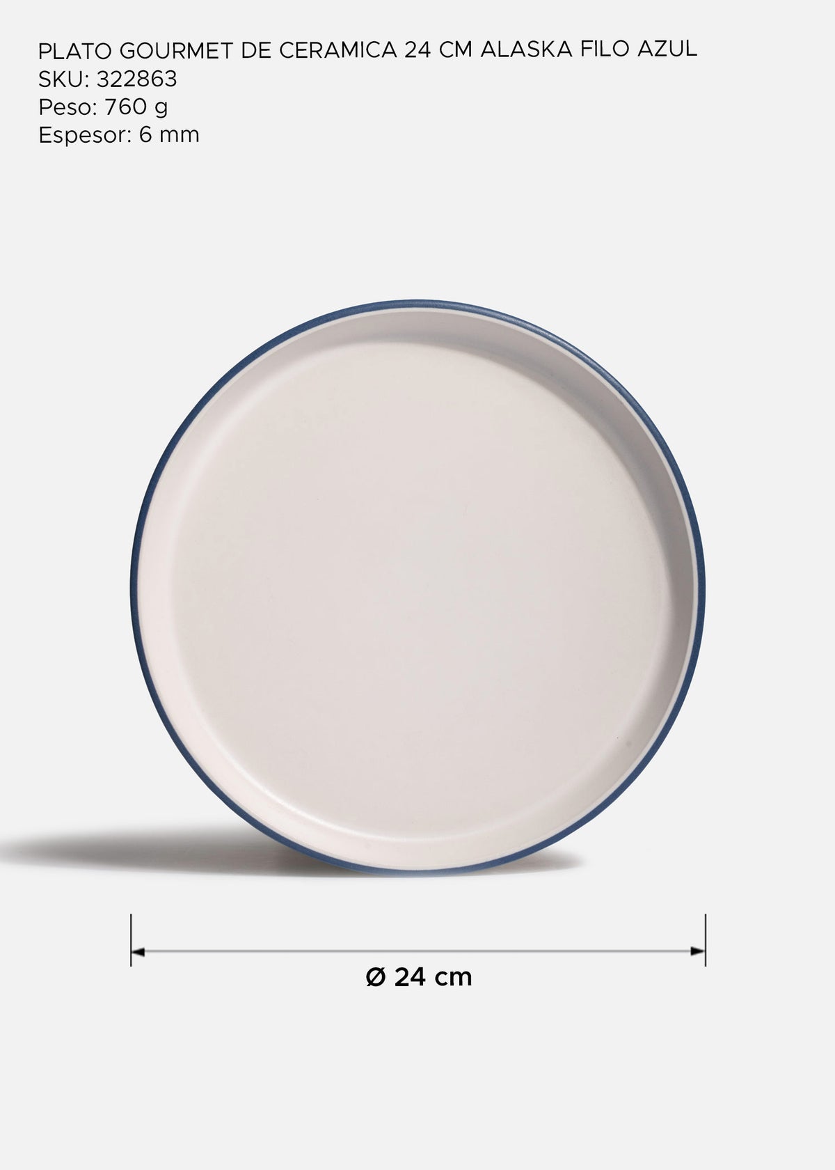 Plato de cerámica blanco con borde azul de 24 cm