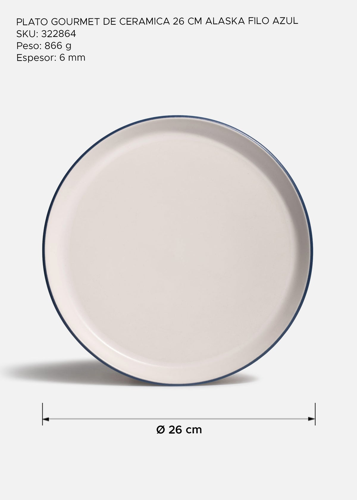 Plato de cerámica blanco con borde azul de 27 cm