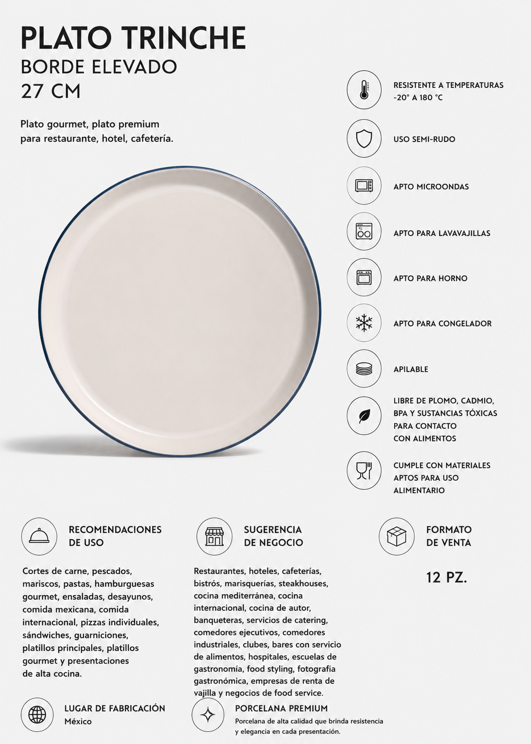 Vista frontal del plato con borde elevado de 27 cm