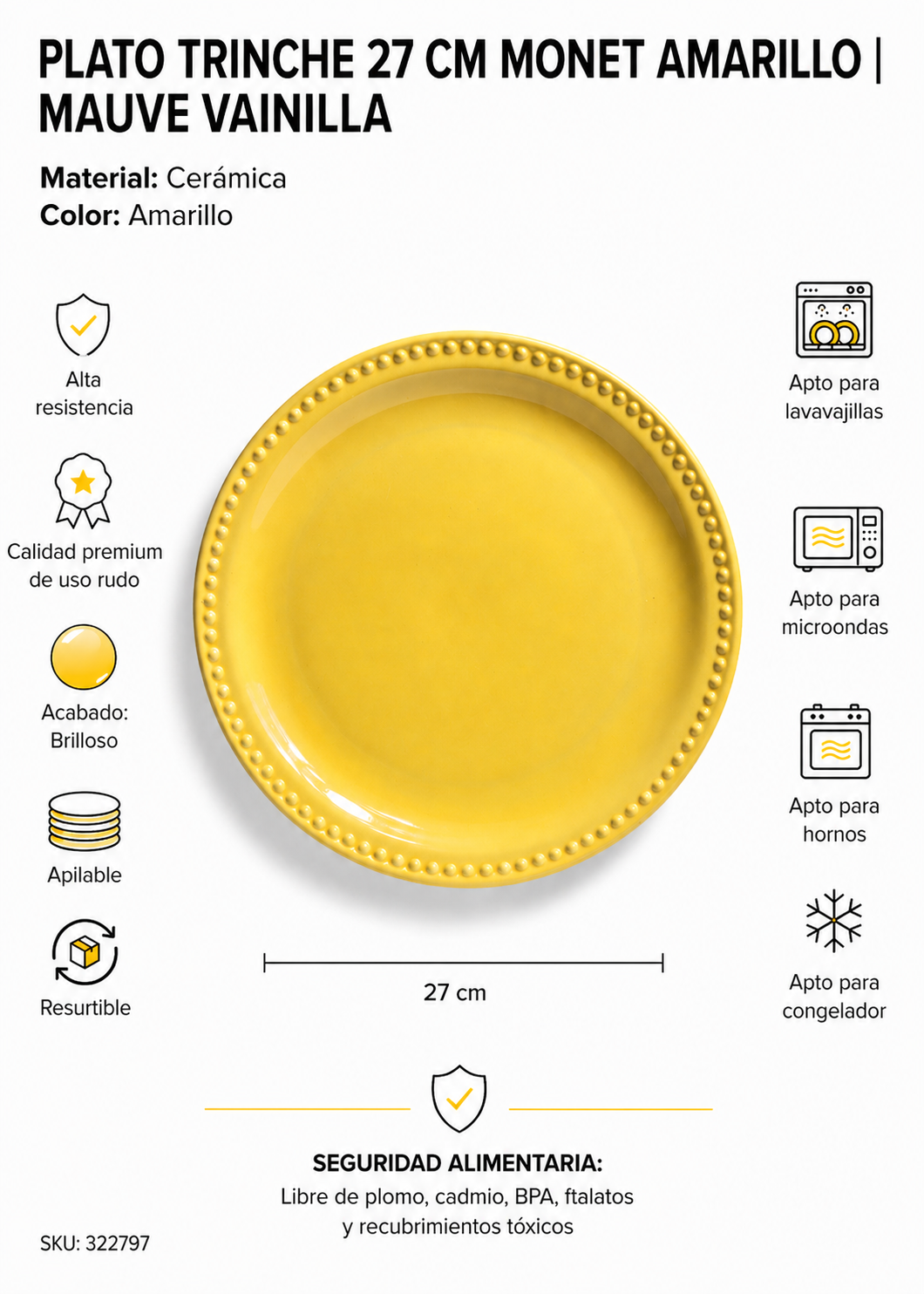 Plato de cerámica amarillo para restaurante y servicio de mesa