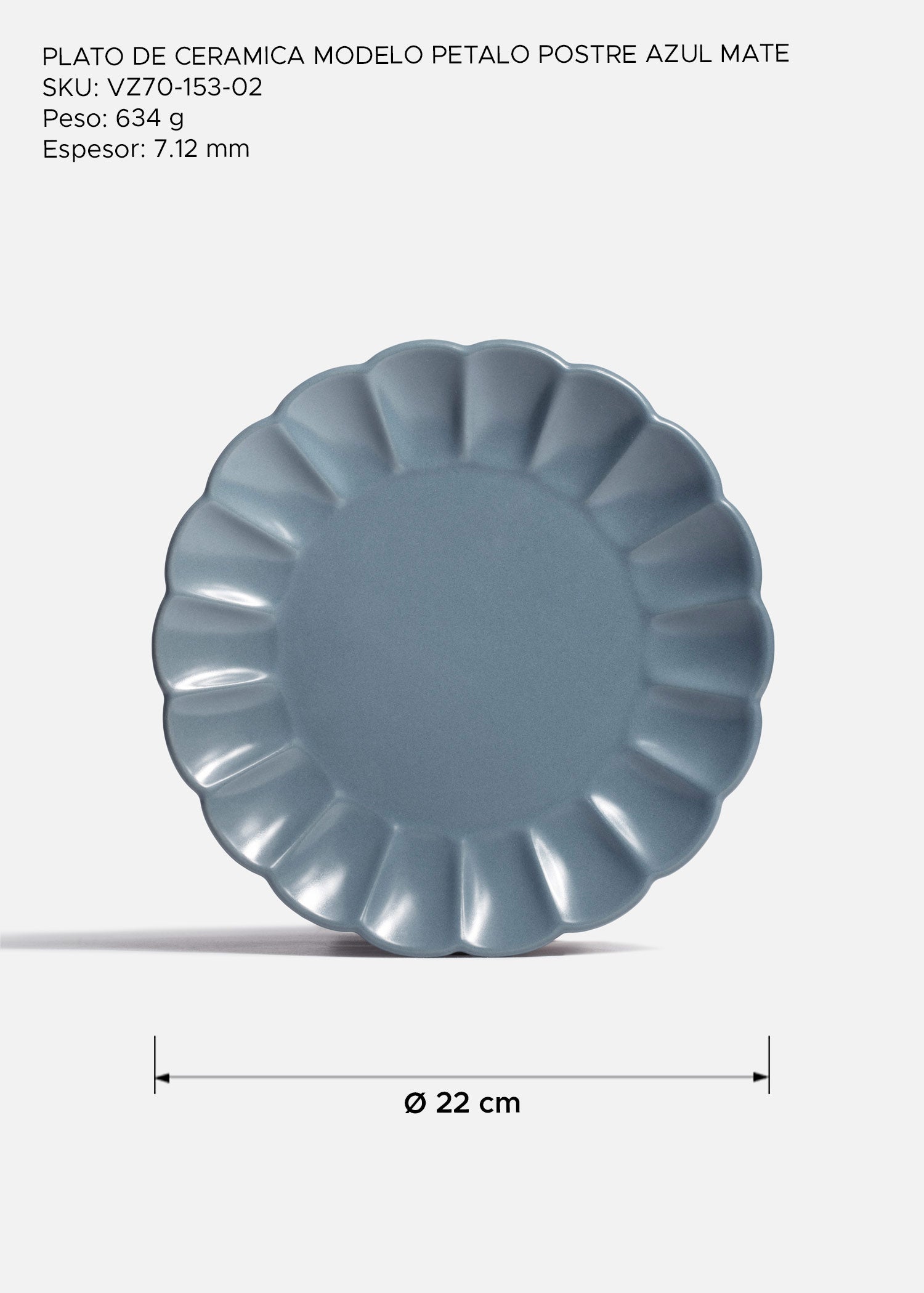 Plato trinche de cerámica premium azul mate Pétalo Ø 22 cm