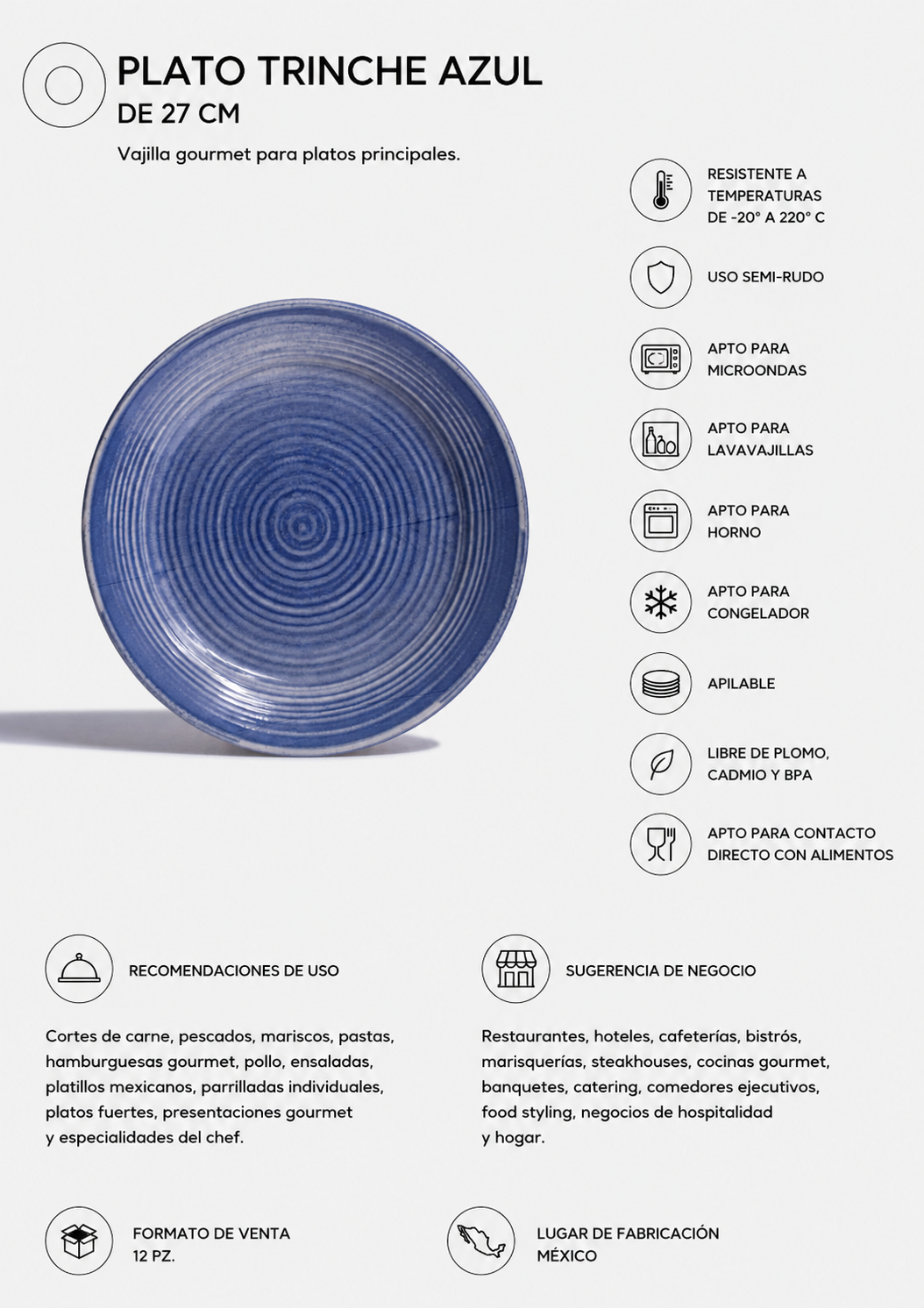 Vista frontal del plato de cerámica azul México Lindo