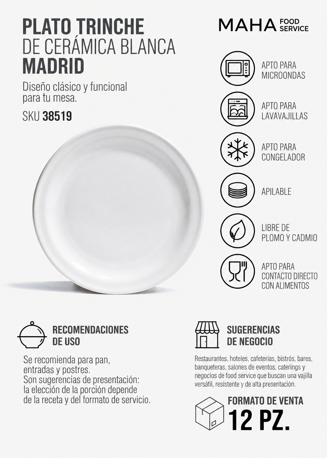 Plato trinche de cerámica blanca Madrid Ø 20 cm