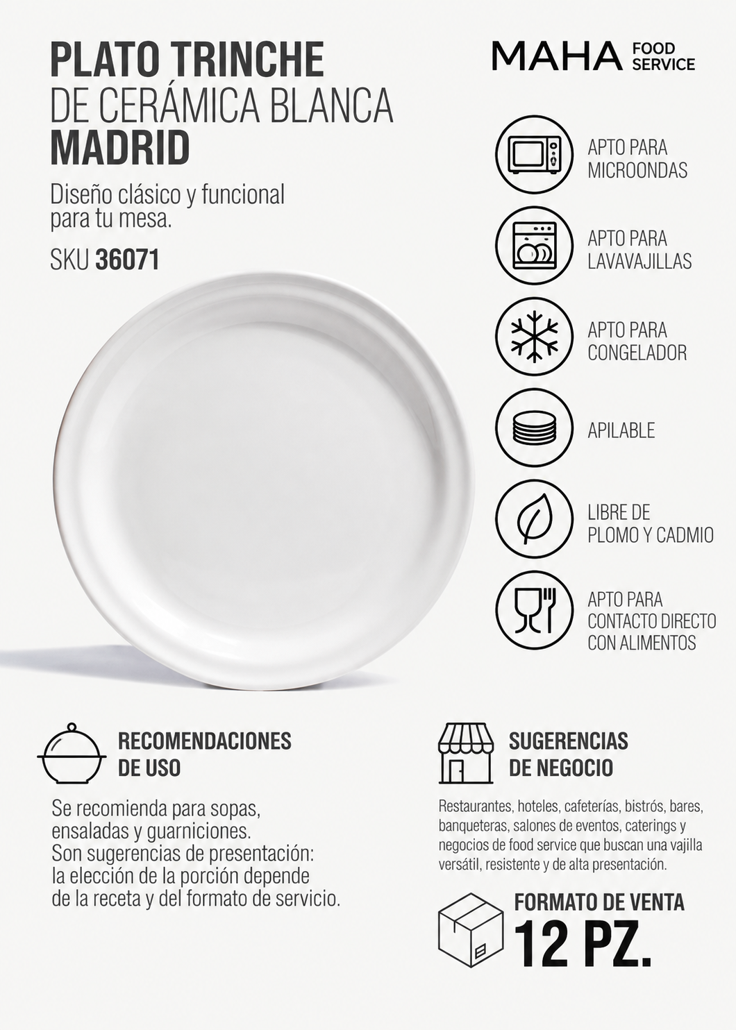 Plato trinche de cerámica blanca Madrid Ø 24 cm