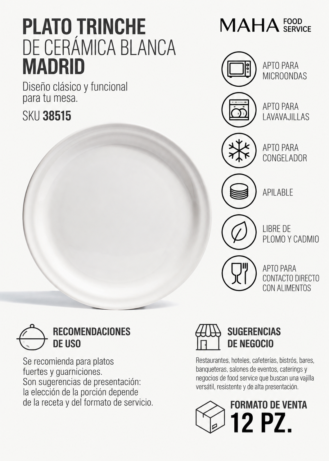 Plato trinche de cerámica blanca Madrid Ø 27 cm