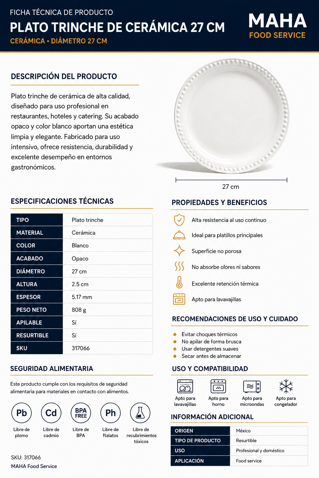 Plato de cerámica blanco para servir platos fuertes