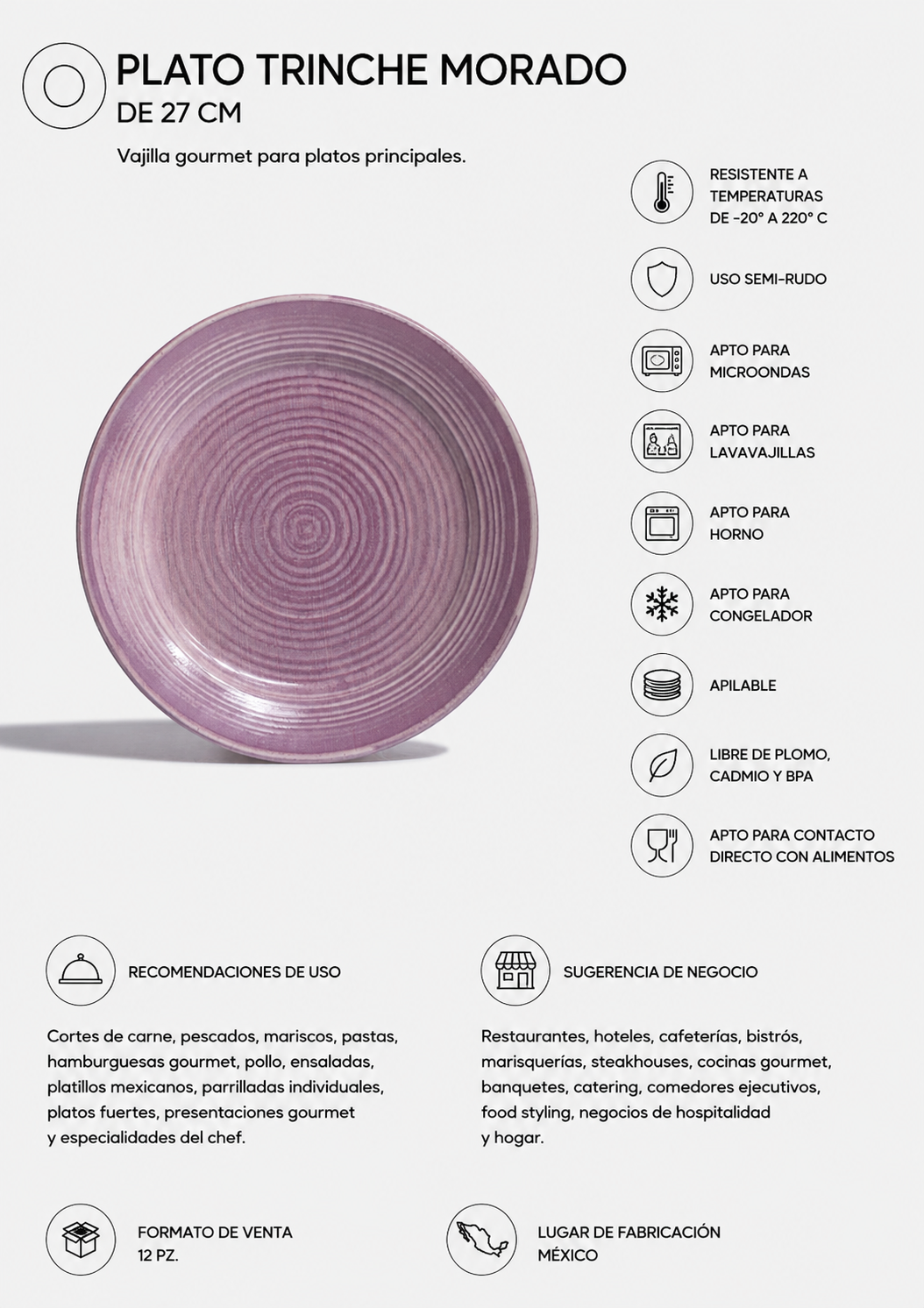 Vista frontal del plato de cerámica morado México Lindo