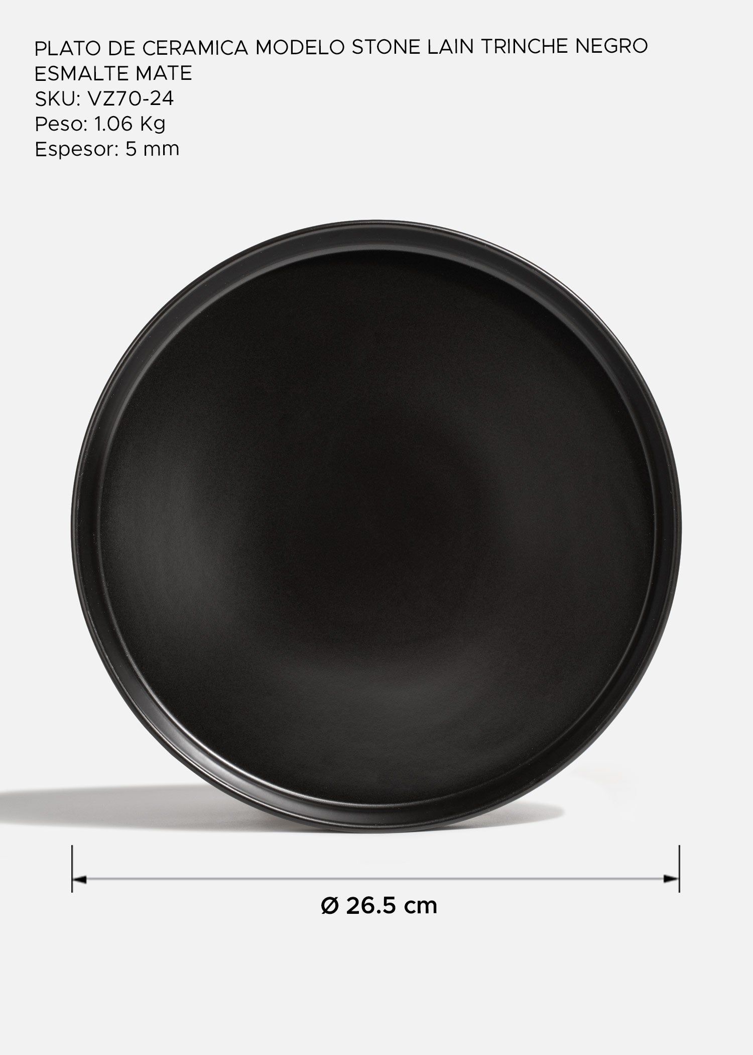 Plato trinche con borde elevado de cerámica premium negro esmalte mate profesional para restaurante y cafeterías Stone Lain Ø 27 cm