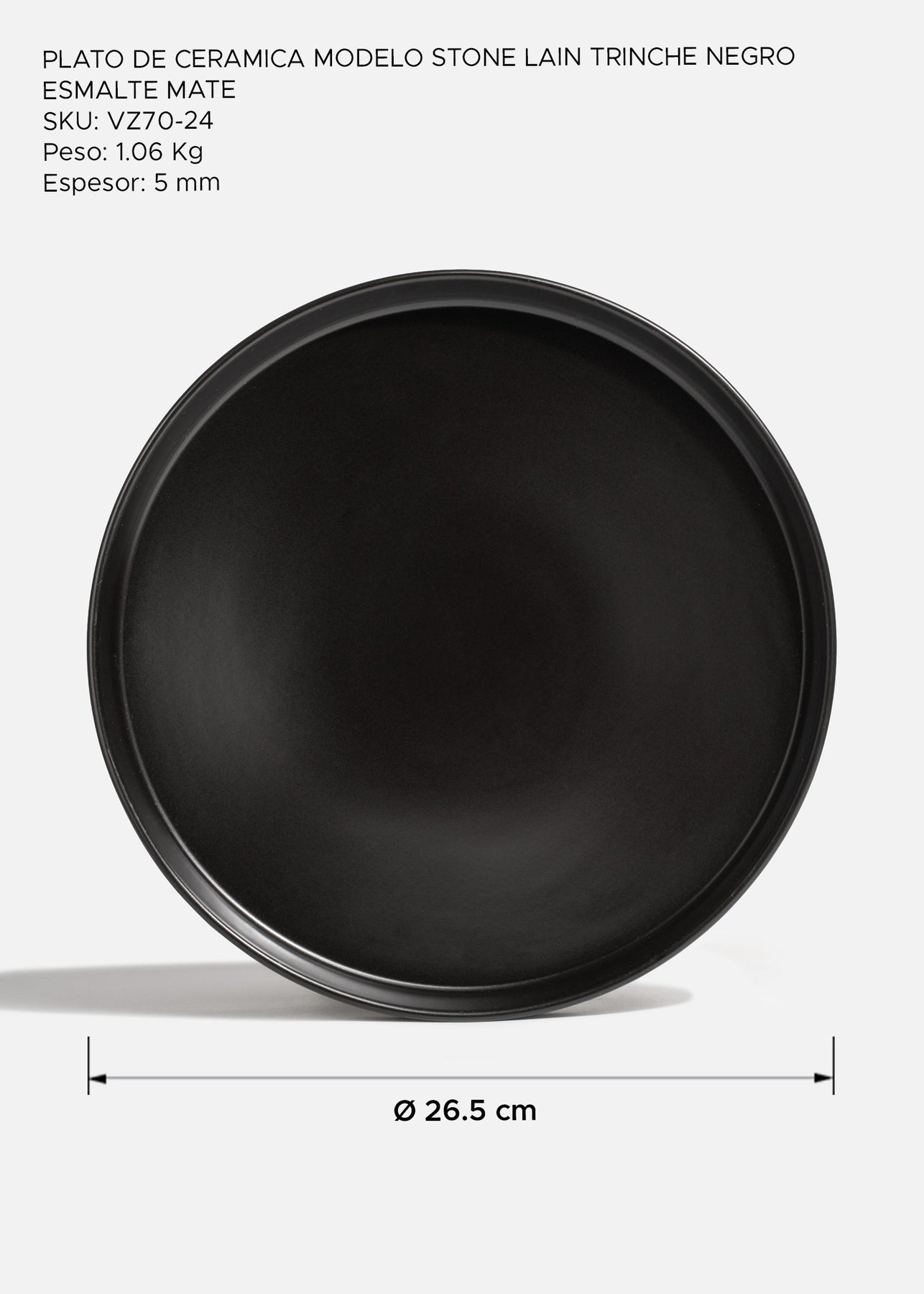 Plato trinche con borde elevado de cerámica premium negro esmalte mate profesional para restaurante y cafeterías Stone Lain Ø 27 cm