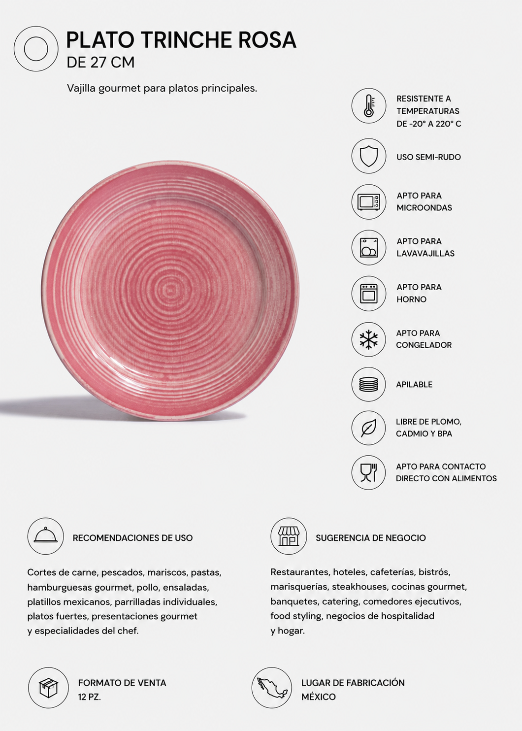 Vista frontal del plato de cerámica rosa México Lindo