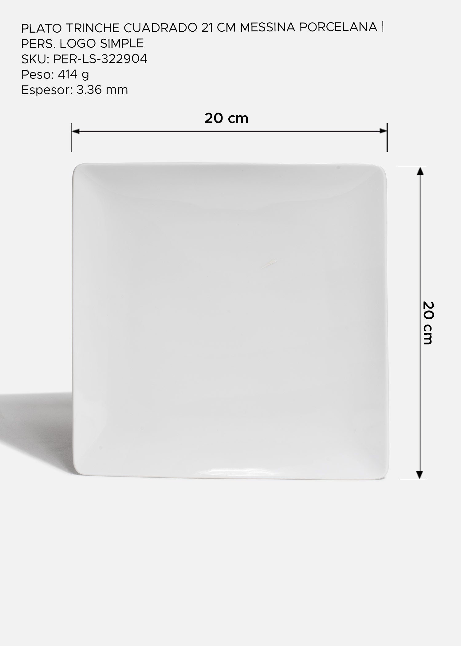 Plato trinche cuadrado de porcelana blanco personalizado logo simple Messina 21 cm
