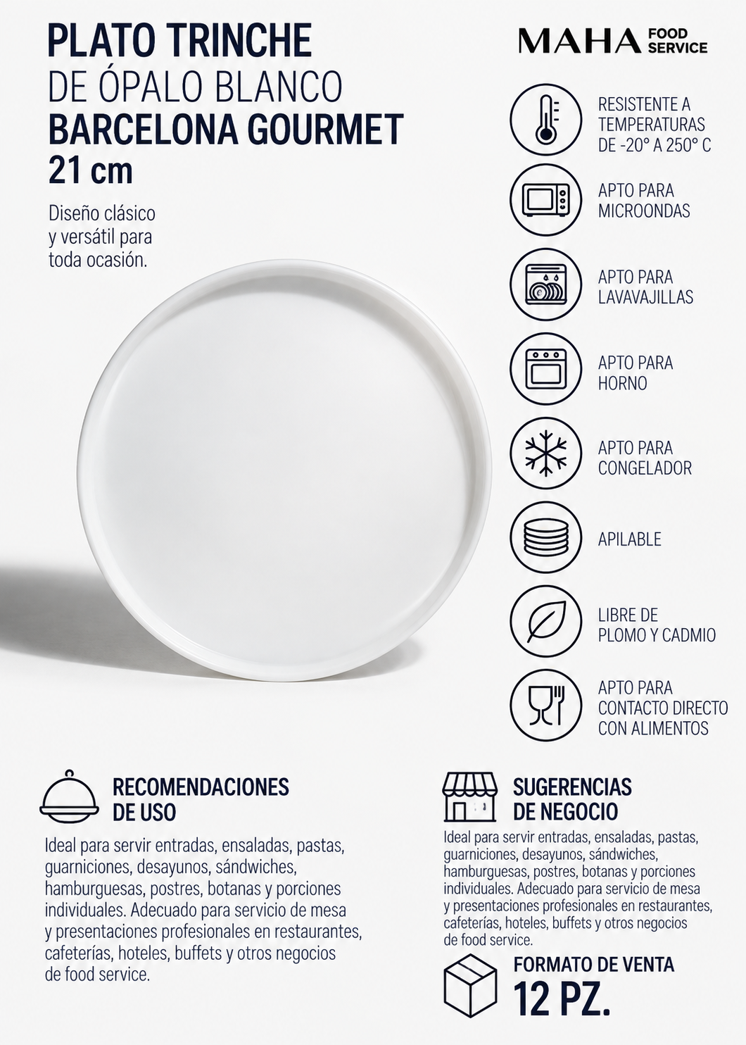 Plato trinche de ópalo blanco Barcelona Gourmet Ø 21 cm