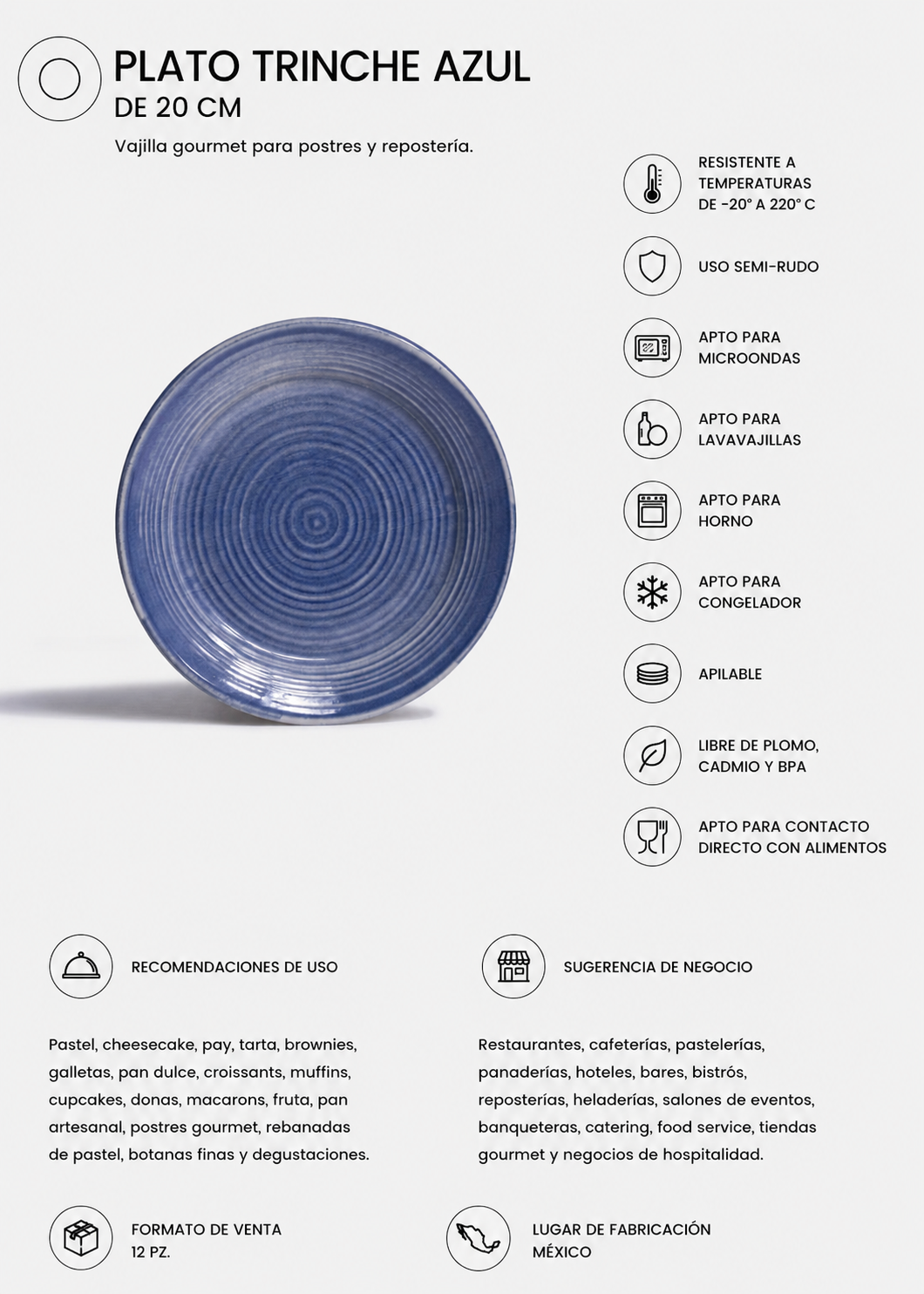 Vista frontal del plato para pastel México Lindo azul