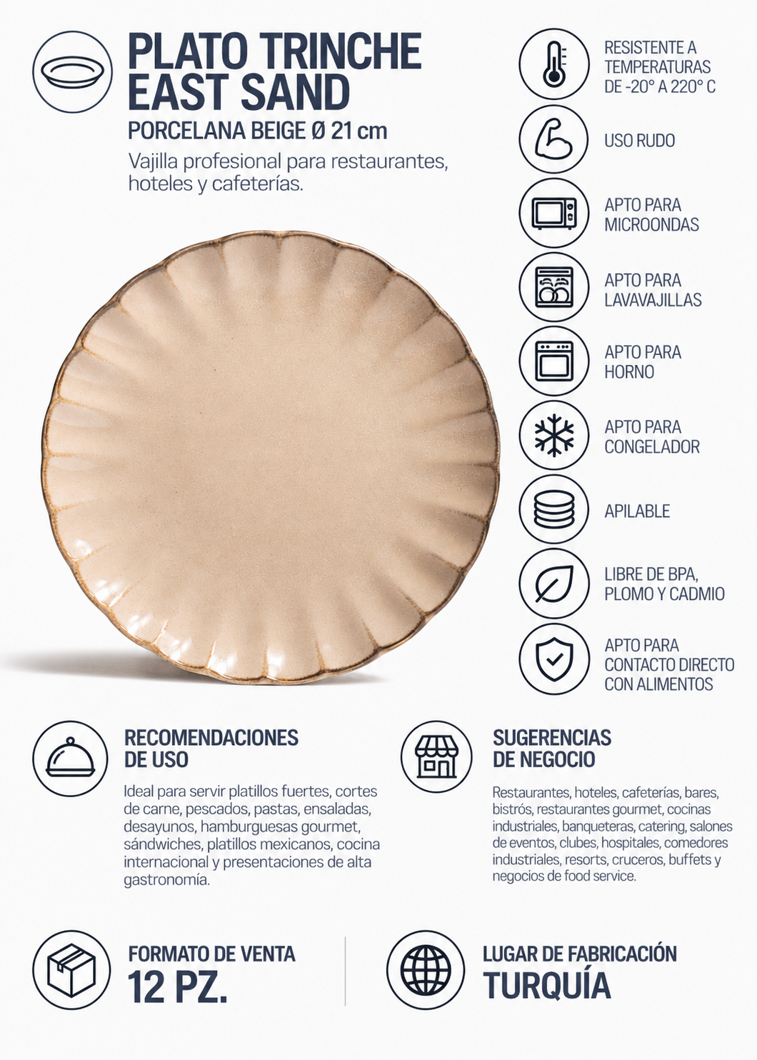 Plato de porcelana beige con borde ondulado East Sand