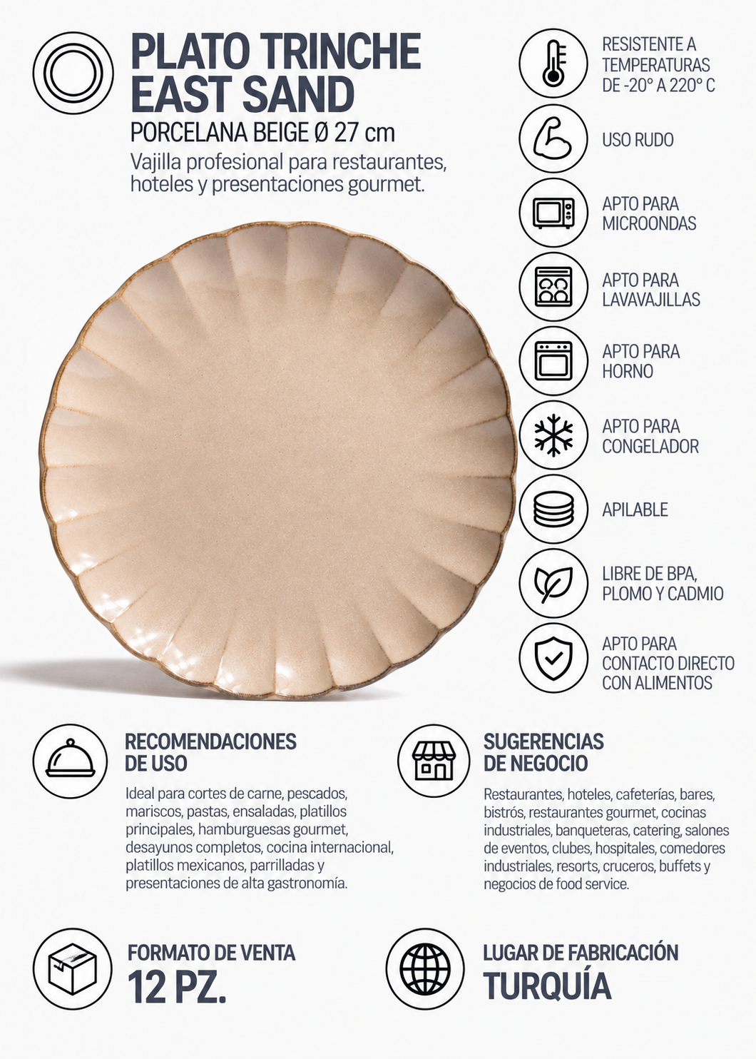 Plato de porcelana beige East Sand para restaurante