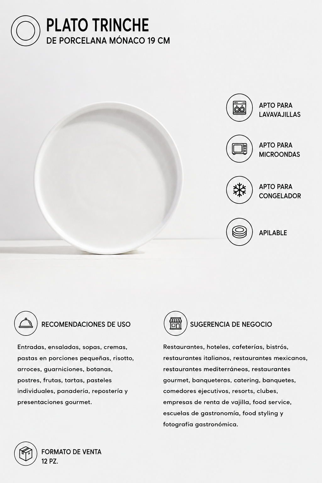 Plato trinche de porcelana blanco Mónaco Ø 19 cm