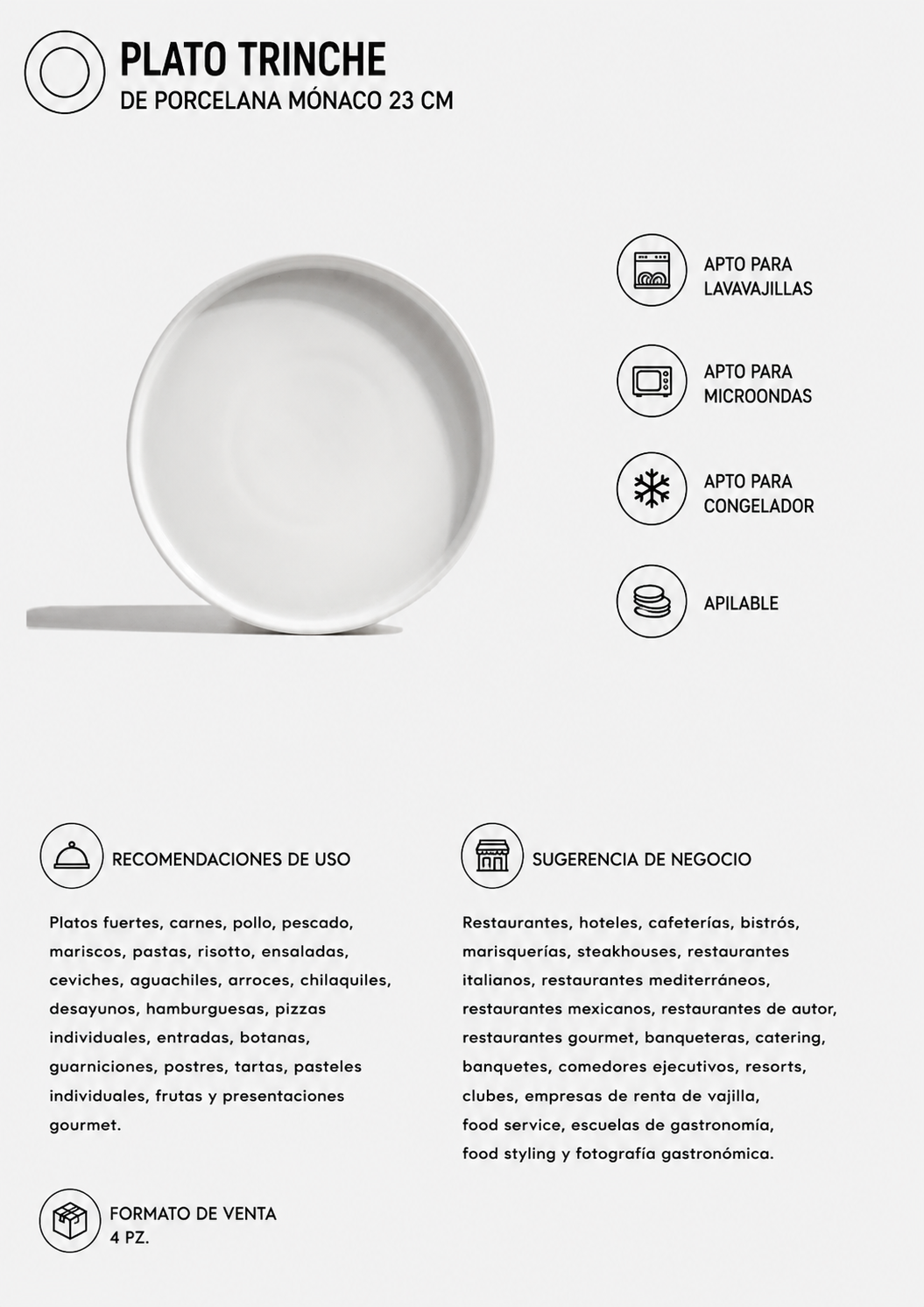 Plato trinche de porcelana blanco Mónaco Ø 23 cm