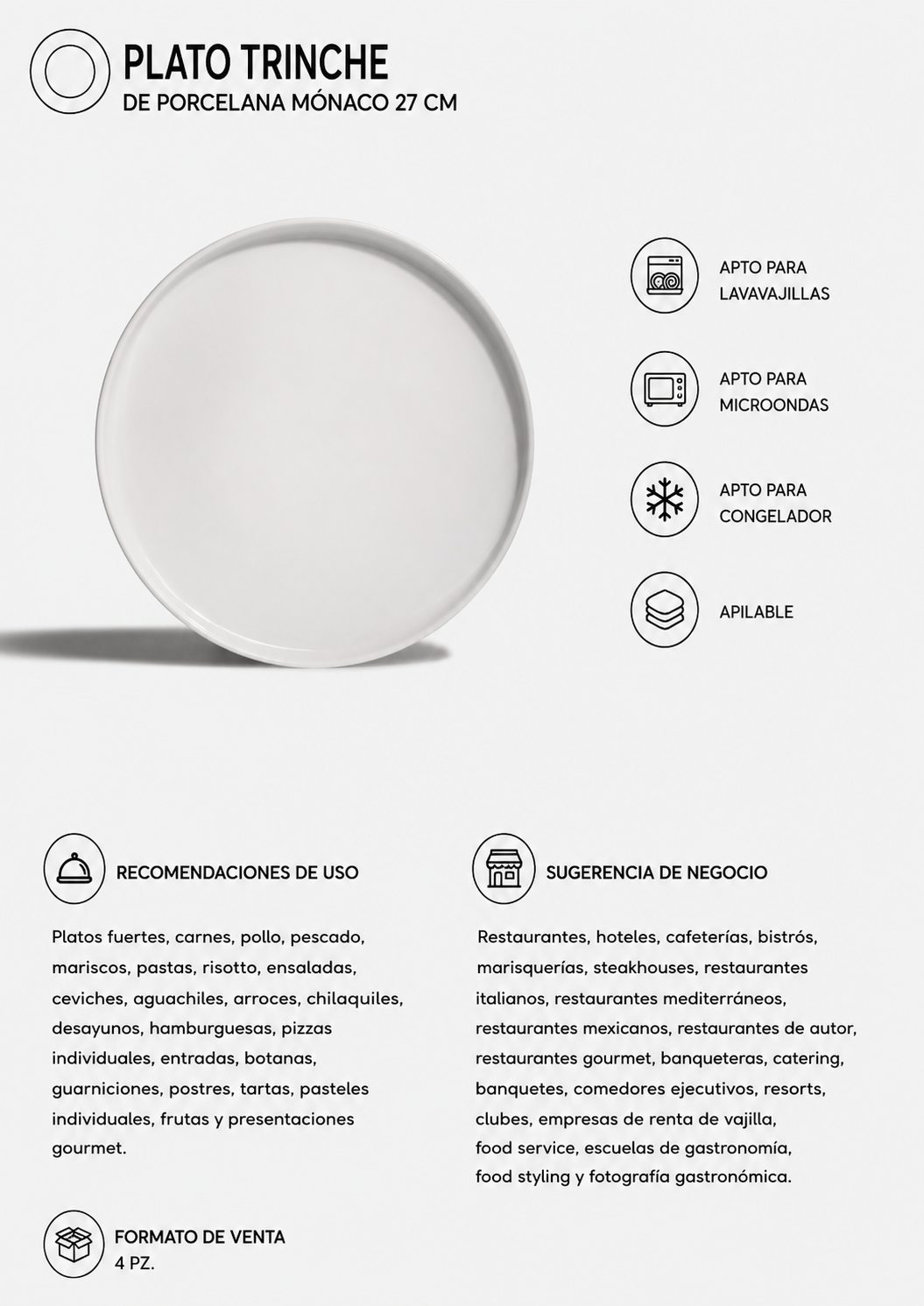 Plato trinche de porcelana blanco Mónaco Ø 27 cm