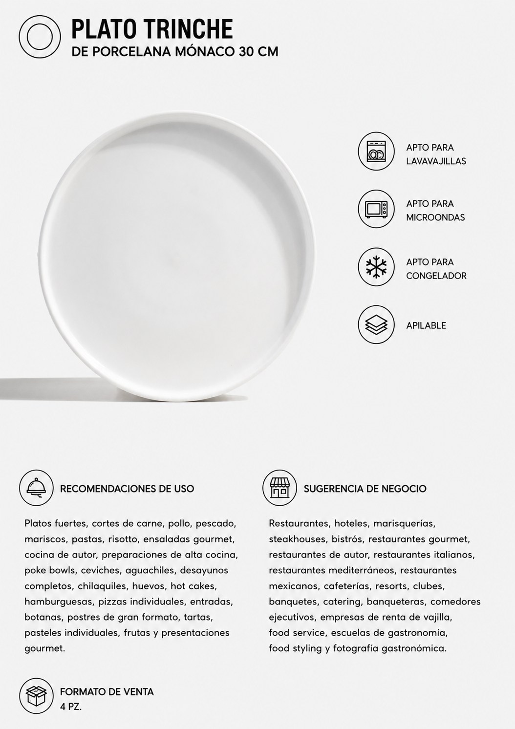Plato trinche de porcelana blanco Mónaco Ø 30 cm