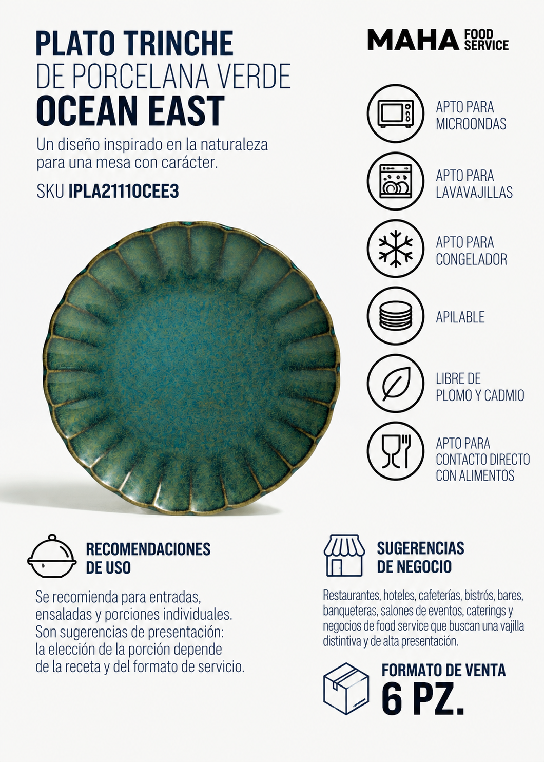 Plato trinche de porcelana verde Ocean East Ø 21 cm