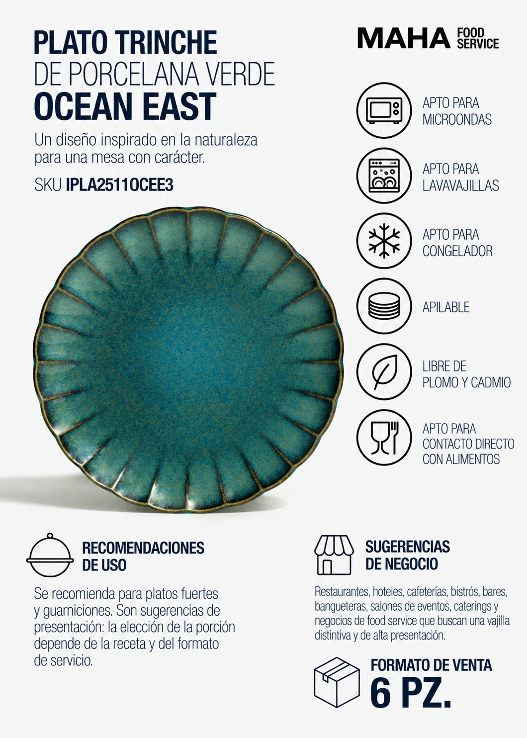 Plato trinche de porcelana verde Ocean East Ø 25 cm